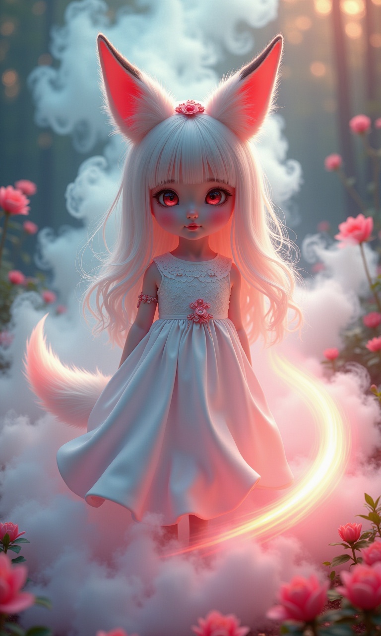 A beautiful photo,featuring a fox tail,fox ears,a cute little girl (real person) with 9 tails,a very cute face,and a white silk dress (half body view) in a beautiful garden,looking at the audience. White smoke,aurora background,perfect face,perfect hands,detailed symmetrical circular iris,love magic,beautiful sky realism,stunning realism photos,octane rendering,intricate details,movies,isometric,fantasy themes,mysterious,transformed art masterpieces,deep red eyes,color grading,light illustrations,ultimate quality,extremely detailed,ultra-fine face,ultra-high definition 8k. Pink Electric Light,Conceptual Art,Ultra Fine,Tri Color,Fantasy,Complex Details,Flash Screen,Complementary Colors Fantasy concept art,8K resolution,soft lighting,cinematography,cinematic graininess,surrealism,children's photography,