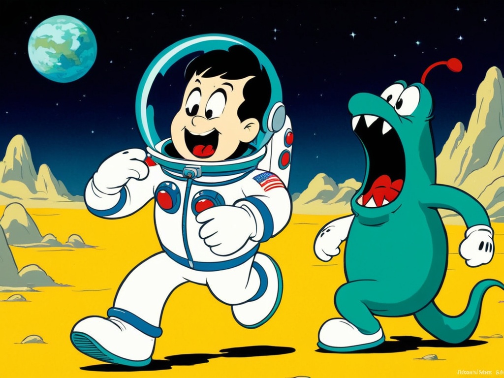 cartoon,  frightened chinese astronaut,  chased by a really ugly monster on Tensor.Art