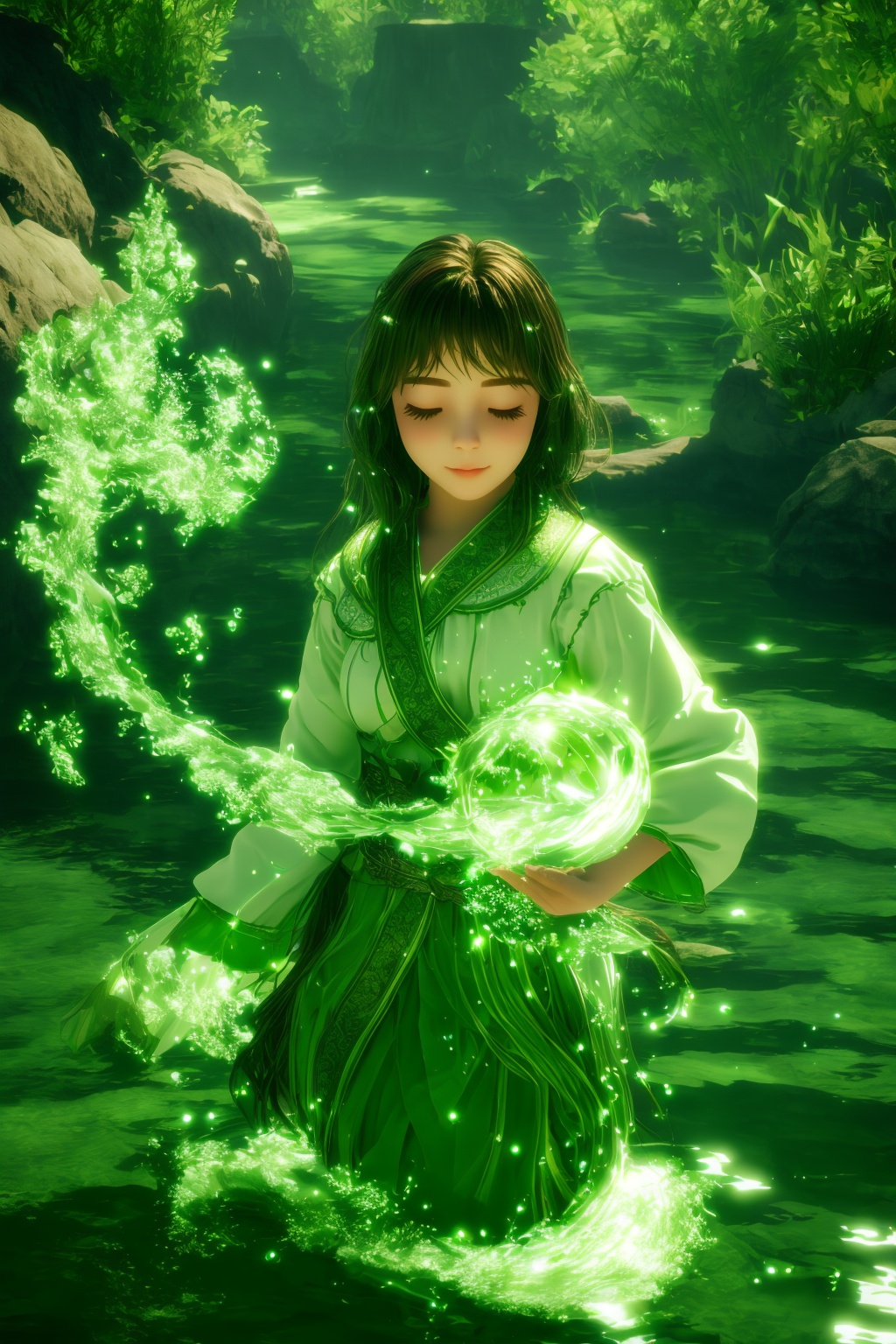 green-aura,green-magic,using green-water-magic,green-water-magic,green-water-aura,1girl,solo,closed eyes,brown hair,indoors,glowing,facing viewer,<lora:magic_fighting_green_512_dreamshaper_8_2:0.8>,
