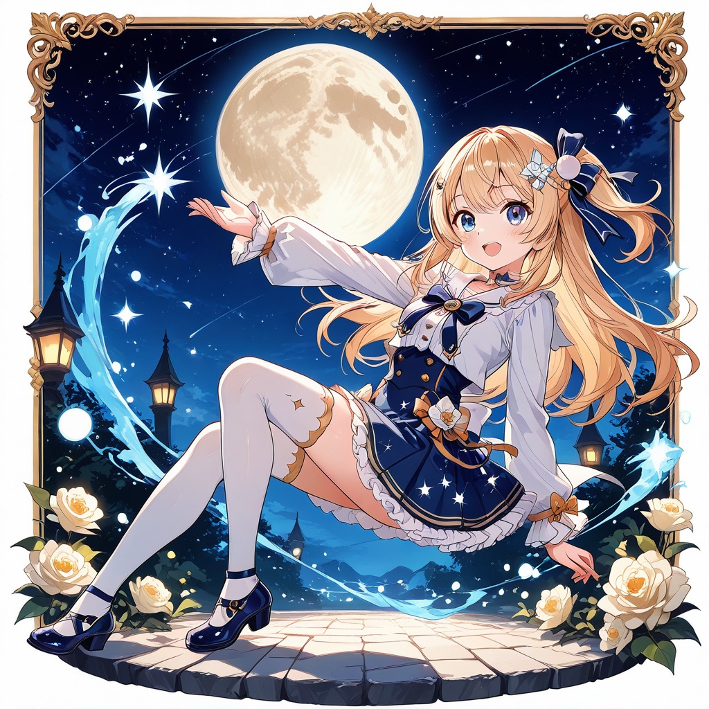Melting,1girl,blue eyes,moon,thighhighs,looking at viewer,solo,long hair,smile,night,blonde hair,open mouth,white flower,white rose,flower,virtual youtuber,hair ornament,choker,skirt,sky,white thighhighs,full moon,night sky,star (sky),full body,long sleeves,hair bow,bow,:d,(UHD),anatomically correct,accurate,textured skin,super detail,high details,award winning,best quality,high quality,retina,16k,HD,1080P,8k,