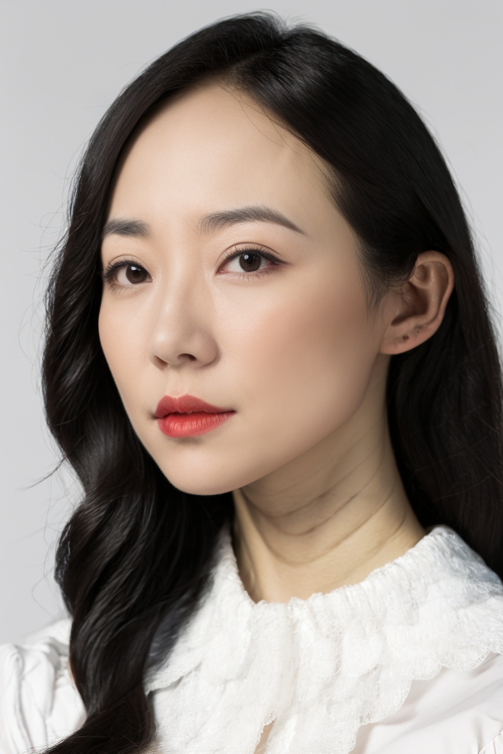 ((masterpiece)),((best quality)),1girl,black hair,blurry,jewelry,lips,straight_hair,long hair,looking at viewer,makeup,necklace,portrait,realistic,shirt,simple background,solo,white shir,looking_at_viewer,looking_at_screen,,<lora:hanxue:1>