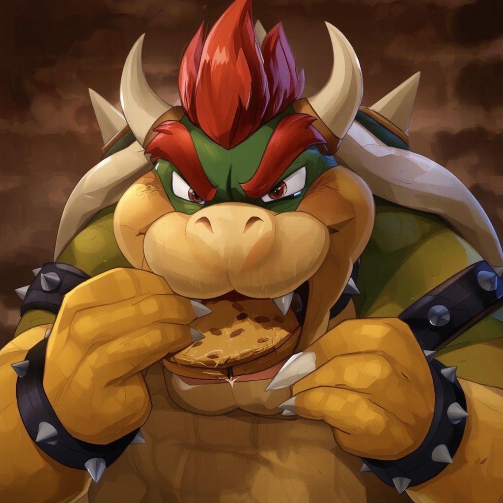 Bowser eating a cookie, angry