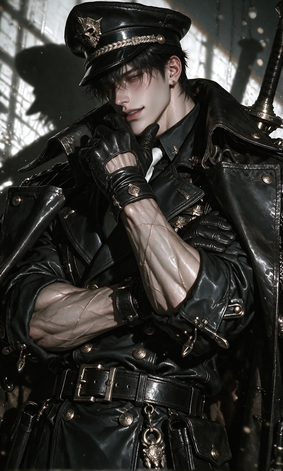 A male figure with black hair and a confident smirk stands in profile against a stark white background,  his arms crossed...