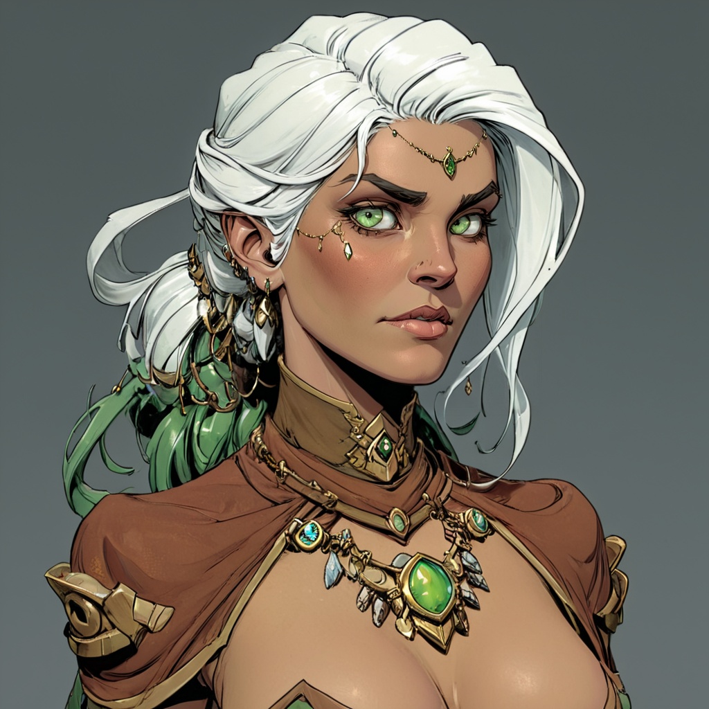 D&D Painterly,  The image shows a woman with white hair and green eyes wearing a brown dress set against a grey background...