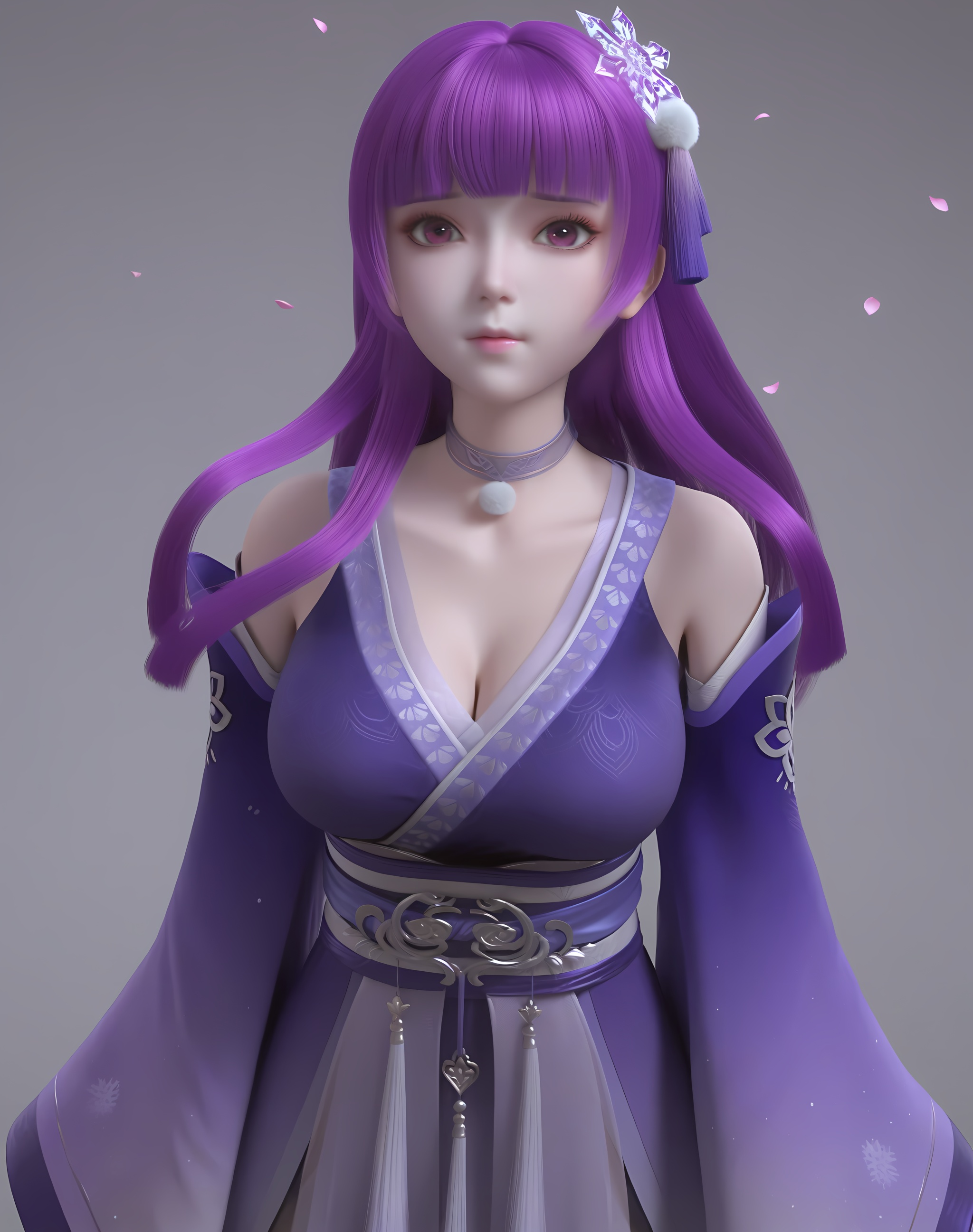 (score_9),vivid colours,Expressiveh,ambient occlusion,((Subsurface Scattering)),light blush,body blush,<lora:叶紫云-Apony-000009:0.82>,yeziyun,1girl,solo,long hair,purple hair,blunt bangs,hair ornament,choker,snowflake hair ornament,long eyelashes,purple eyes,hanfu,detached sleeves,belt,wide sleeves,sash tassel,sleeve tassel,skirt,purple sash,looking at viewer,front view,facing viewer,collarbone,puffy breasts,pointy_breasts,large breasts,see-through cleavage,<lora:a修手:0.35>,twig,falling petals,grey background,<lora:perfect-eyes:0.8>,<lora:e色温:0.5>,<lora:Expressive_H:0.8>,<lora:e肤色滑块:0.5>,<lora:SkinRealityOrg_ponyv6_loraplus:0.25>,real skin,OverallDetail,fair_skin,(white_skin),(Ivory_skin),