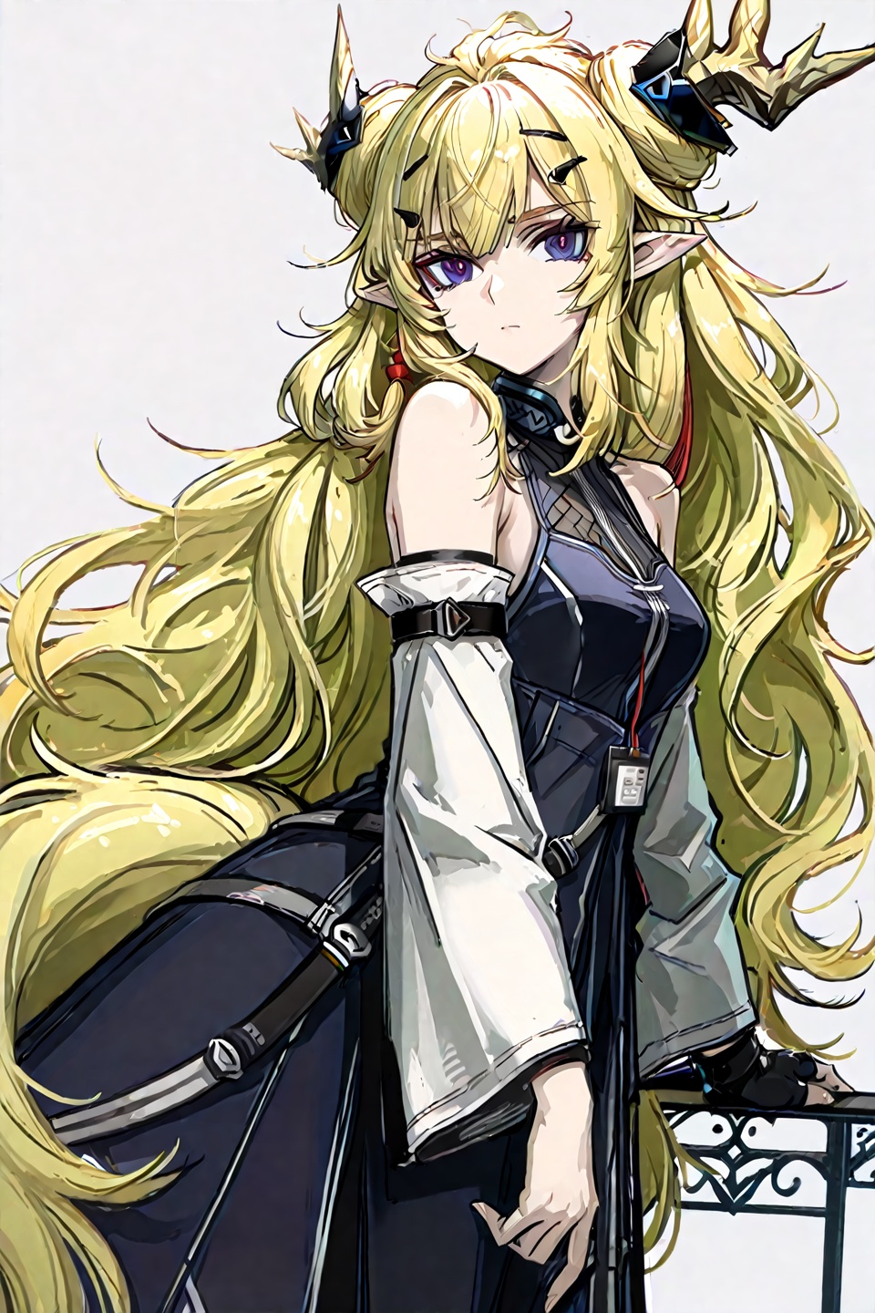 masterpiece, best quality,grey background,looking at viewer,SOLO,simple background,,  leizi\(arknights\),pointy_ears,hair_between_eyes,blonde_hair,messy_hair,breasts,bangs,purple eyes,very long hair,dragon horns,antlers,dragon tail<lora:leizi-惊蛰-ill:0.8>