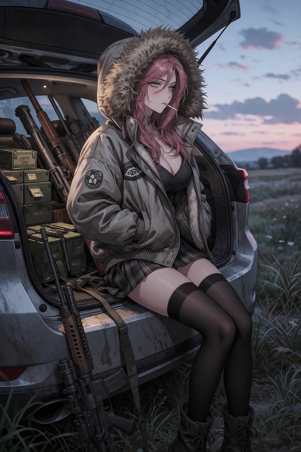 In a medium side-profile shot,  a woman with long pink hair and green eyes and a lit cigarette in her mouth sits on the le...