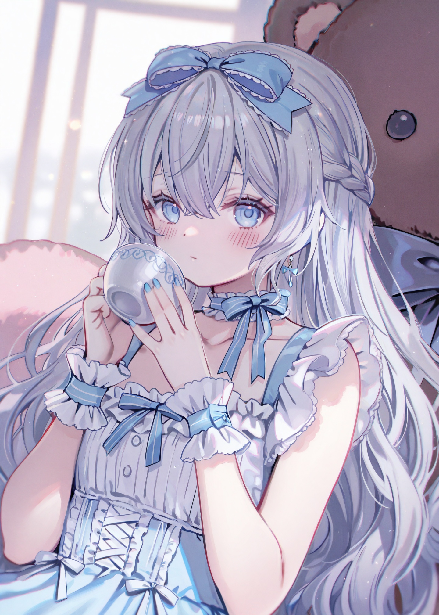 masterpiece,absurdres,best quality,petite,high quality,//,1girl, cup, holding_cup, solo, bow, holding, hair_bow, blue_eyes, teddy_bear, frills, stuffed_toy, braid, stuffed_animal, long_hair, blue_nails, blue_bow, nail_polish, wrist_cuffs, drinking, frilled_choker, ribbon, blue_ribbon, blush, upper_body, collarbone, grey_hair, looking_at_viewer, choker, blue_dress, light_particles, hair_between_eyes, eyelashes, dress, blue_choker, blurry, frilled_dress//,<lora:梅原生umehara_sei ——【CKXL】hans:0.8>,