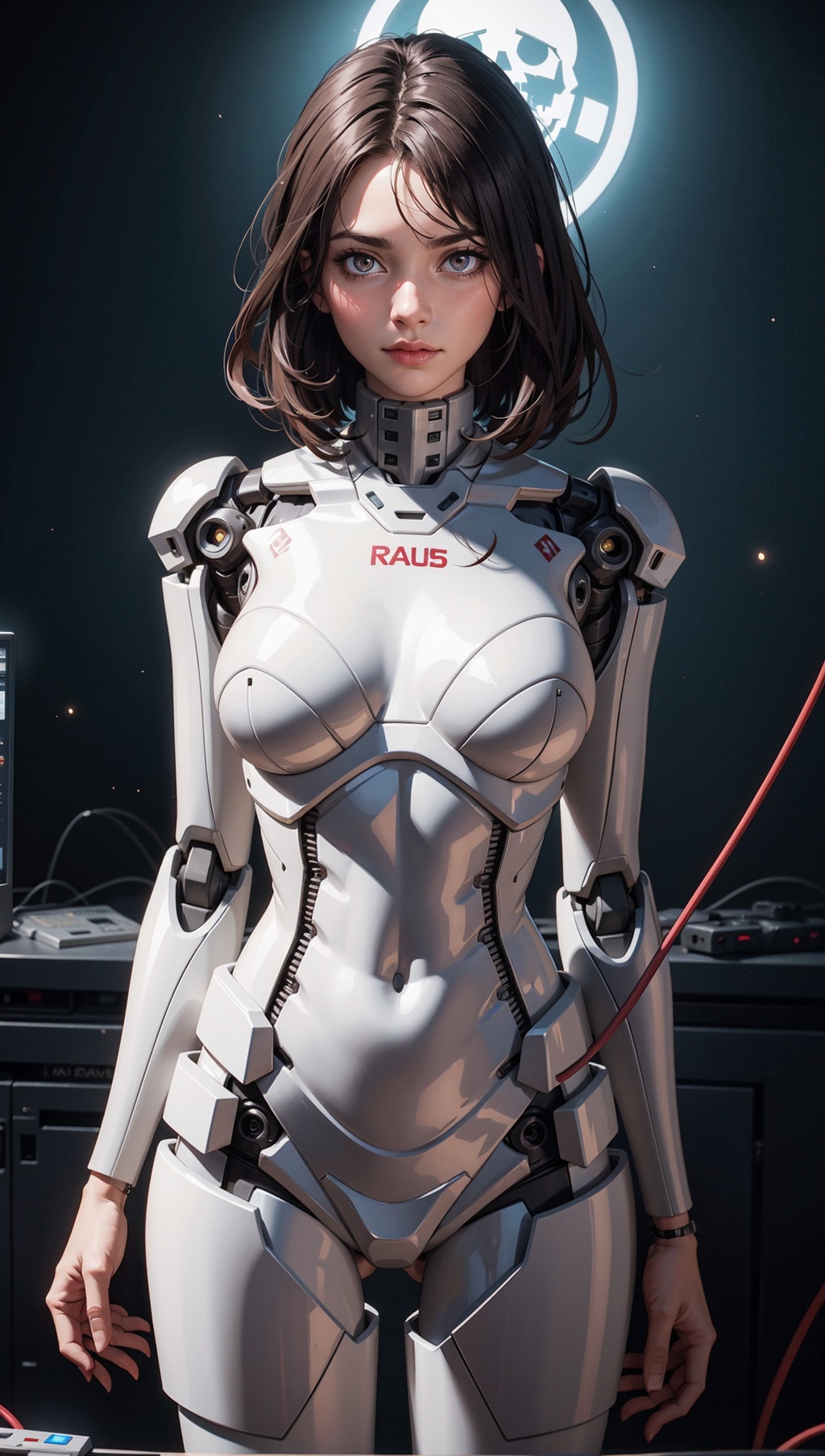 beautiful woman with skin coming off to reveal a robotic skeleton with glowing eyes. Wires and particles on Tensor.Art
