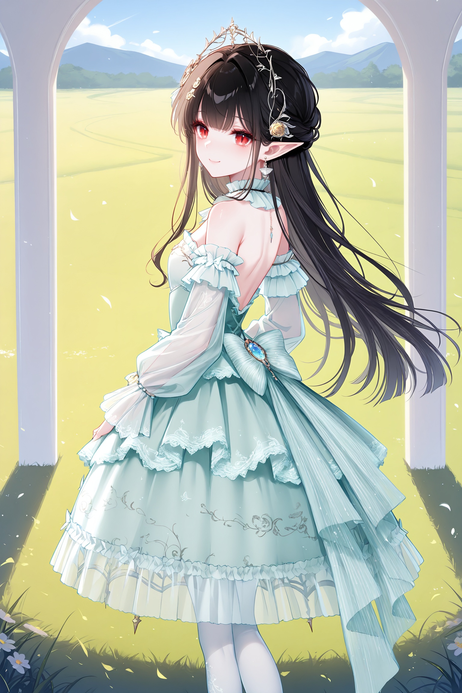 masterpiece,best quality,newest,absurdres,highres,soft shadows,year2024,mutou kurihito,[kimishima ao],[[[bison cangshu]]],[[[[[sheya]]]]],1girl,<lora:AlengerXLNAI:1>,ailan,(messy hair:1.4),black hair,pointy ears,red eyes,long hair,slit pupils,smile,<lora:wishfulaurosaXLNAI:1.4>,wishful aurosa,dress,green dress,earrings,see-through sleeves,detached sleeves,strapless dress,dress flower,white thighhighs,print thighhighs,frilled dress,see-through dress,outdoors:1.2,grasslands,dress tug,hug,hand on another's waist,