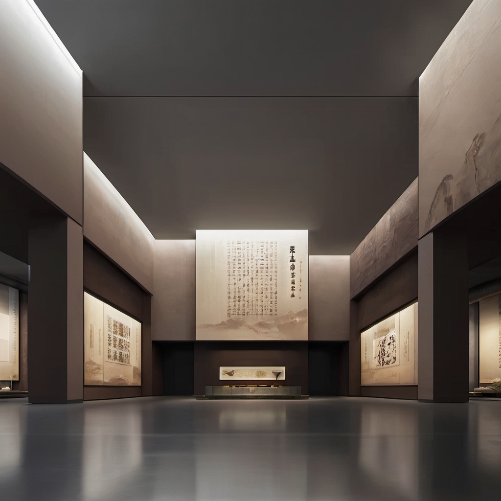 BOWUGUANkongjian,Grey ceiling, dark floor, sculptural wall, Atrium, dark ceiling, dark space, square panel, masterpiece,High quality,4K,professional lighting,VRAY rendering