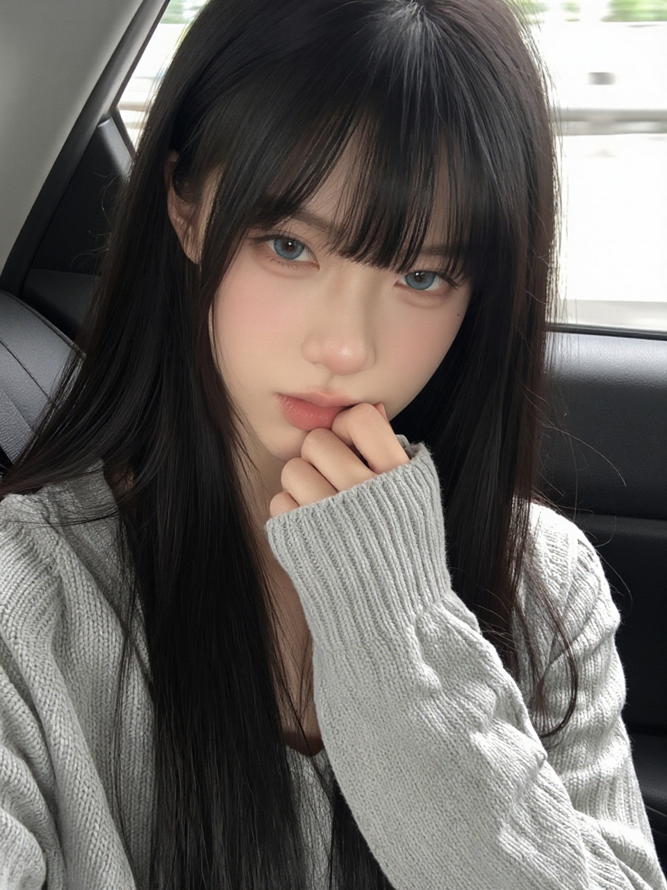 xiaoqi,  This is a photograph of a young woman taking a close-up selfie. She has long,  straight black hair with bangs tha...