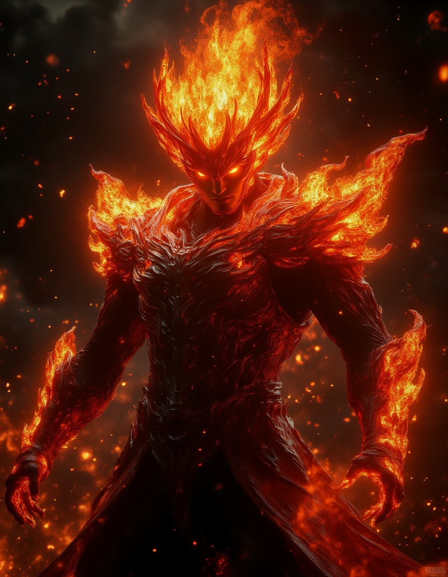 A digital painting of a muscular, humanoid figure with a fiery mane and armor made of flames. The figure has a stern expression and is posed dynamically, with one arm outstretched and the other resting on its hip. The background is a dark, smoky sky with glowing embers scattered throughout. The style is highly detailed and realistic, with a focus on the contrast between the fiery elements and the dark, smoky environment. The figure's skin is a dark, almost black color, and its eyes glow with an intense, fiery light. The artwork is vibrant and dynamic, with a sense of power and intensity.,<lora:山海lora:1>,