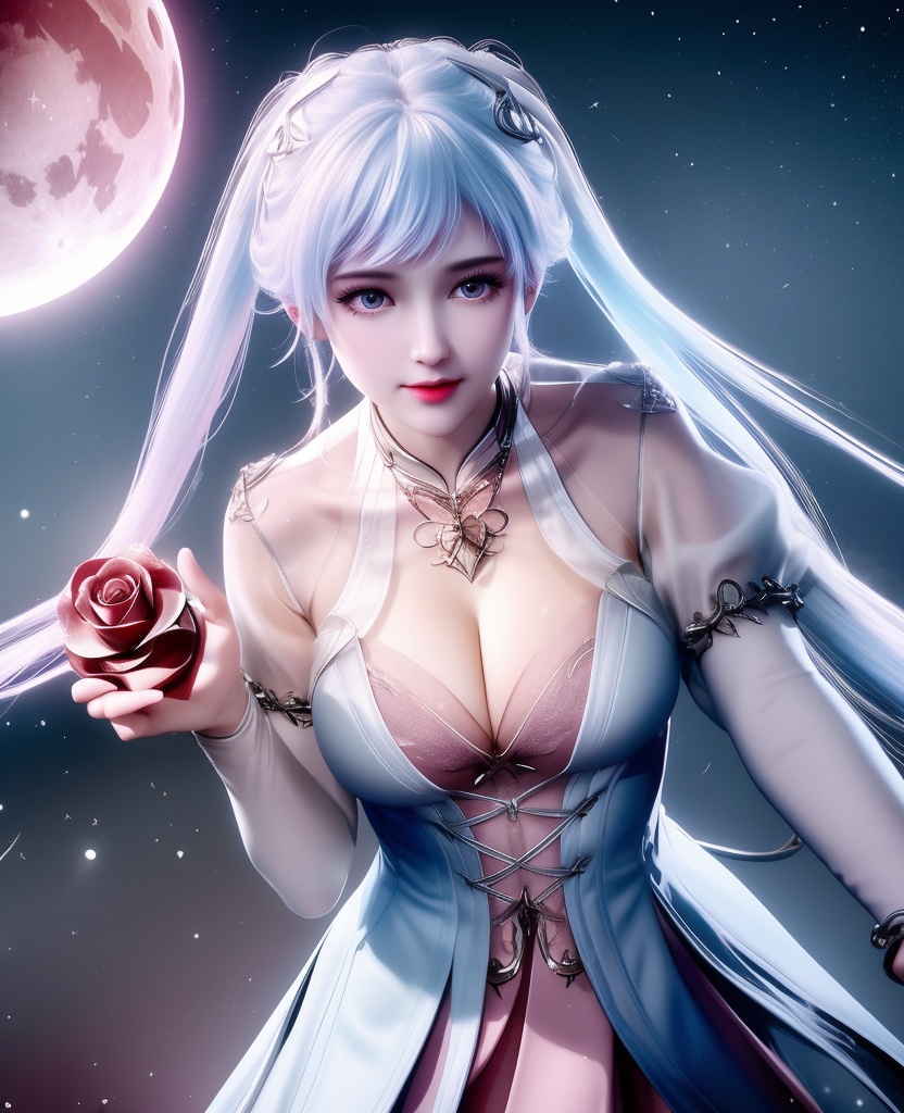 <lora:552-DA-斗罗大陆-唐舞桐-V2:0.8>(,1girl, ,best quality, ),looking at viewer,masterpiece, (( , )),, realistic,science fiction,mole, ultra realistic 8k cg, ,      ,outdoors, snow, snowing, snow on head, sun,sunset,sunlight,moonlight,full moon, red moon,  crescent moon,  crescent rose,  black rose,       (cleavage), (),