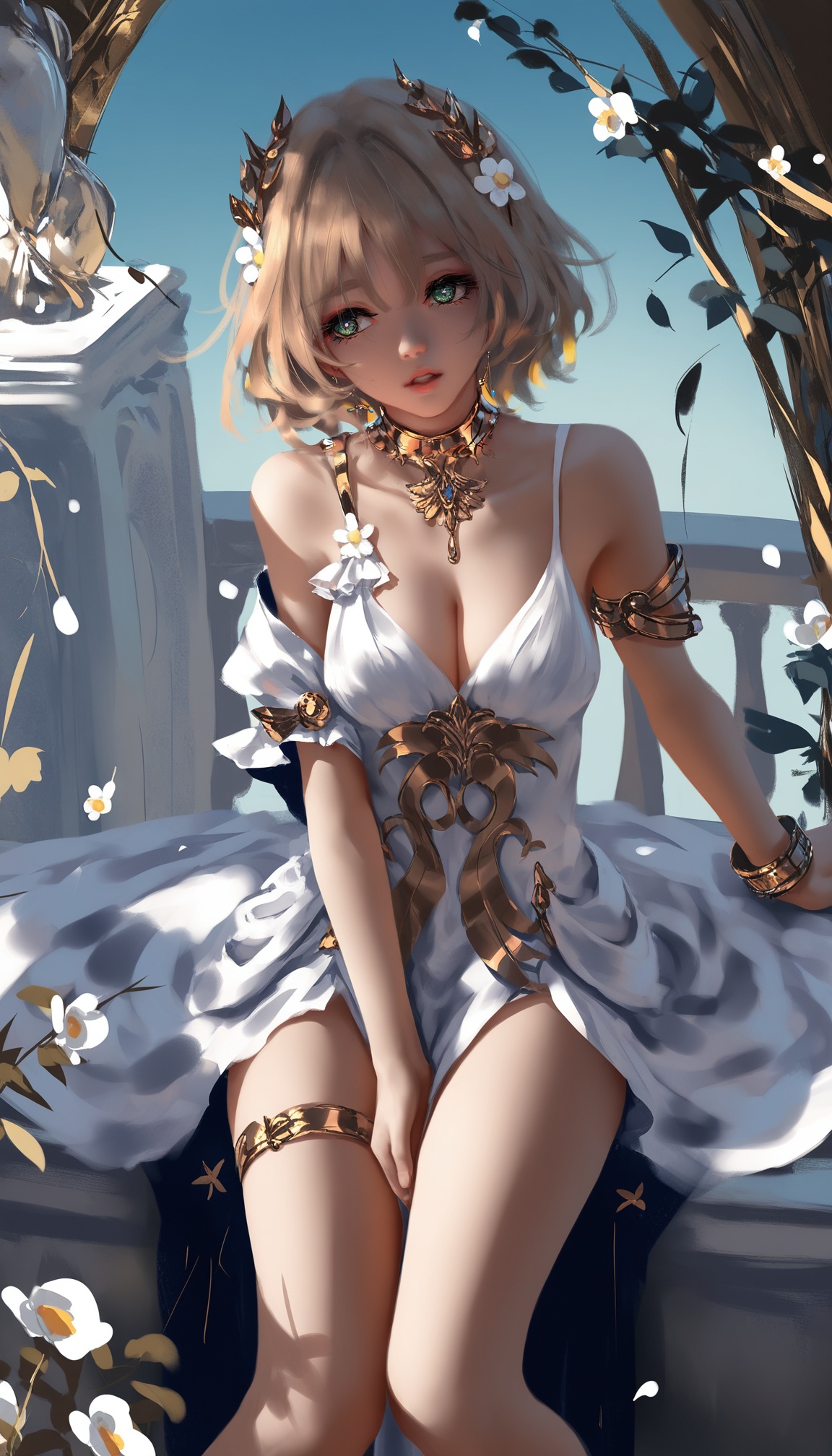 <lora:阿格莱雅noob:1>,aglaea,a girl named aglaea,1girl,white dress,cleavage,bare shoulders,parted lips,looking at viewer,bracelet,laurel crown,flower,gold choker,sleeveless dress,detached sleeves,thigh strap,collarbone,year 2024,(sheya:0.2),(ooo_wange:1),(wlop:0.99),rurudo,(fuzichoco:0.0),, very awa,very as2, best quality, masterpiece, best quality, absurdres, highres,newest