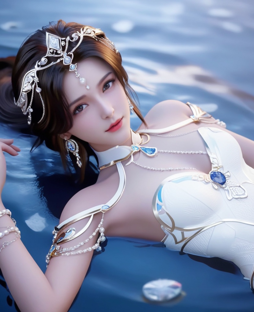 <lora:613-DA-XL-神印王座-白玥:0.8>(,1girl, ,best quality, ),looking at viewer,masterpiece, ((((1girl, solo, , ,solo focus, lying on water, )))) (cleavage), (), ,ultra realistic 8k cg,   clean, masterpiece,     (( , )),,  , unreal, science fiction, luxury, jewelry, diamond, gold, pearl, gem, sapphire, ruby, emerald, intricate detail, delicate pattern, charming, alluring, seductive, erotic, enchanting, hair ornament, necklace, earrings, bracelet, armlet,halo,(cleavage),, (),