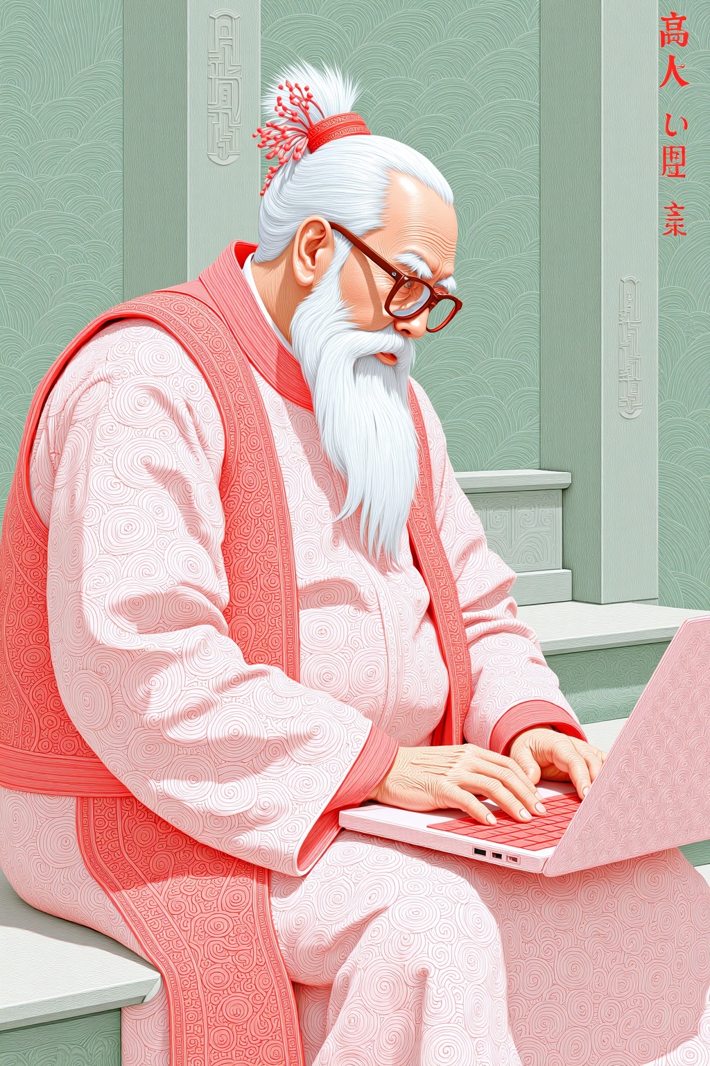 beijihui,The image depicts an elderly man dressed in traditional attire,seated and typing on a laptop. The man has a long white beard and is wearing glasses. His clothing is intricately detailed with patterns,and he has a decorative hairpiece. The background is a muted green with subtle wave-like designs. The overall color scheme of the image is predominantly shades of red and white,giving it a stylized,almost artistic appearance.,