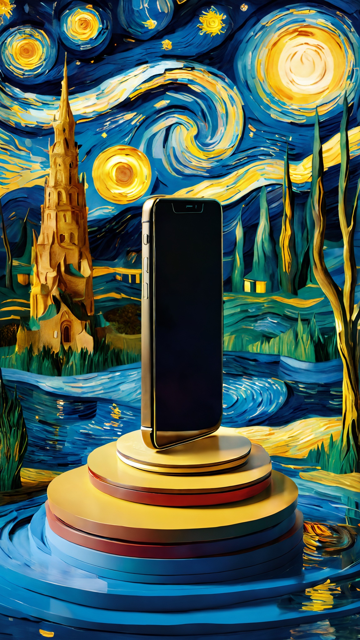 jistarrynight,van Gogh,product photograph,water,artistic,conceptual art,creative,phone,tree,<lora:lora:0.8>,