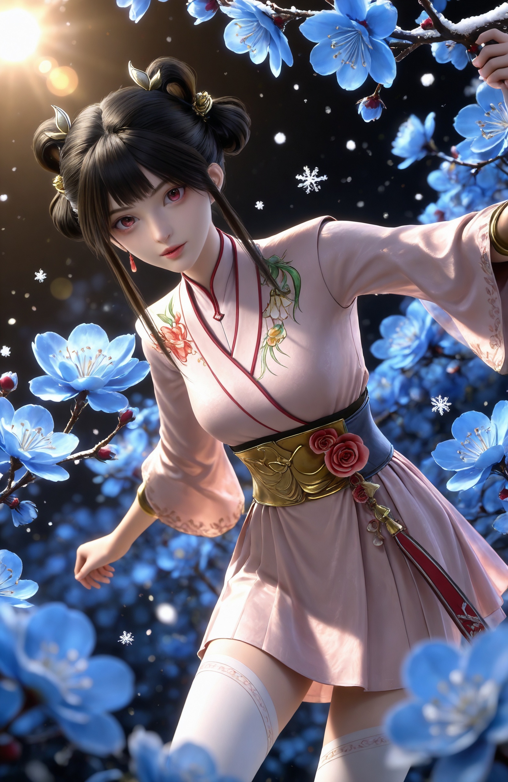 realistic style photo,outstanding style,Use soft lighting to cast gentle shadows on the subject,adding a touch of dimension to your images without compromising details,whirls of vapor,(Anime:1.1),soft neon light,ethereal ambiance,delicate details,magical atmosphere,concept art,highly detailed,ultra-high resolution,32K UHD,sharp focus,best-quality,masterpiece,golden hour,unconventional supreme masterpiece,masterful details,temperate atmosphere,with a high-end texture,in the style of fashion photography,magazine style,Dynamic Angle,Dynamic posture,magazine style,Dynamic Angle,Dynamic posture,(cowboy_shot:1.2),eye trail,depth of field,cinematic lighting,lens flare,close-up,extreme aesthetic,(wlop:0.6),(honjou raita,lack,rella,wanke:0.5),masterpiece,best quality,good quality,newest,year 2025,very aesthetic,absurdres,Visual impact,A shot with tension,ultra-high resolution,32K UHD,sharp focus,best-quality,masterpiece,Emotionalization,unconventional supreme masterpiece,masterful details,temperate atmosphere,with a high-end texture,in the style of fashion photography,(Visual impact:1.2),giving the poster a dynamic and visually striking appearance, <lora:九阳武神-小月IL:0.8> 1girl, black hair, hair ornament, hair rings, hair bun, chinese clothes, long sleeves, white thighhighs, pink dress, double bun, boots, sash, solo,  upper body, blue flower, looking at viewer, snowflakes, closed mouth, branch,