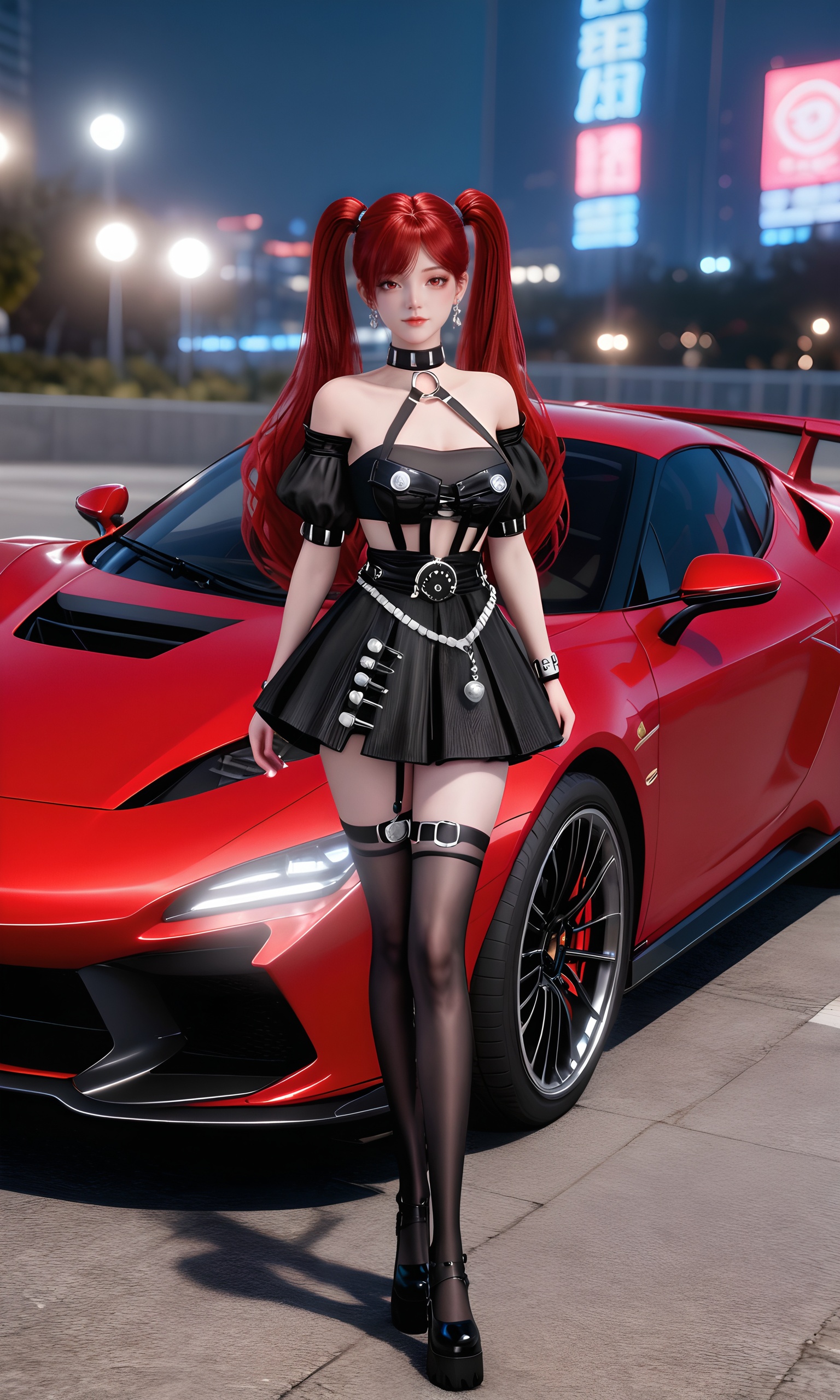 <lora:王牌竞速-神剑号车姬Pony:0.7>,1girl,long,vibrant red hair,twintails,red eyes,provocative,gothic-inspired outfit,black,off-the-shoulder crop top,cutouts,short,pleated mini skirt,choker,belt adorned with silver chains,thigh-high stockings and black high-heeled shoes,red car,looking at viewer,sports car,full body,vehicle focus,standing,