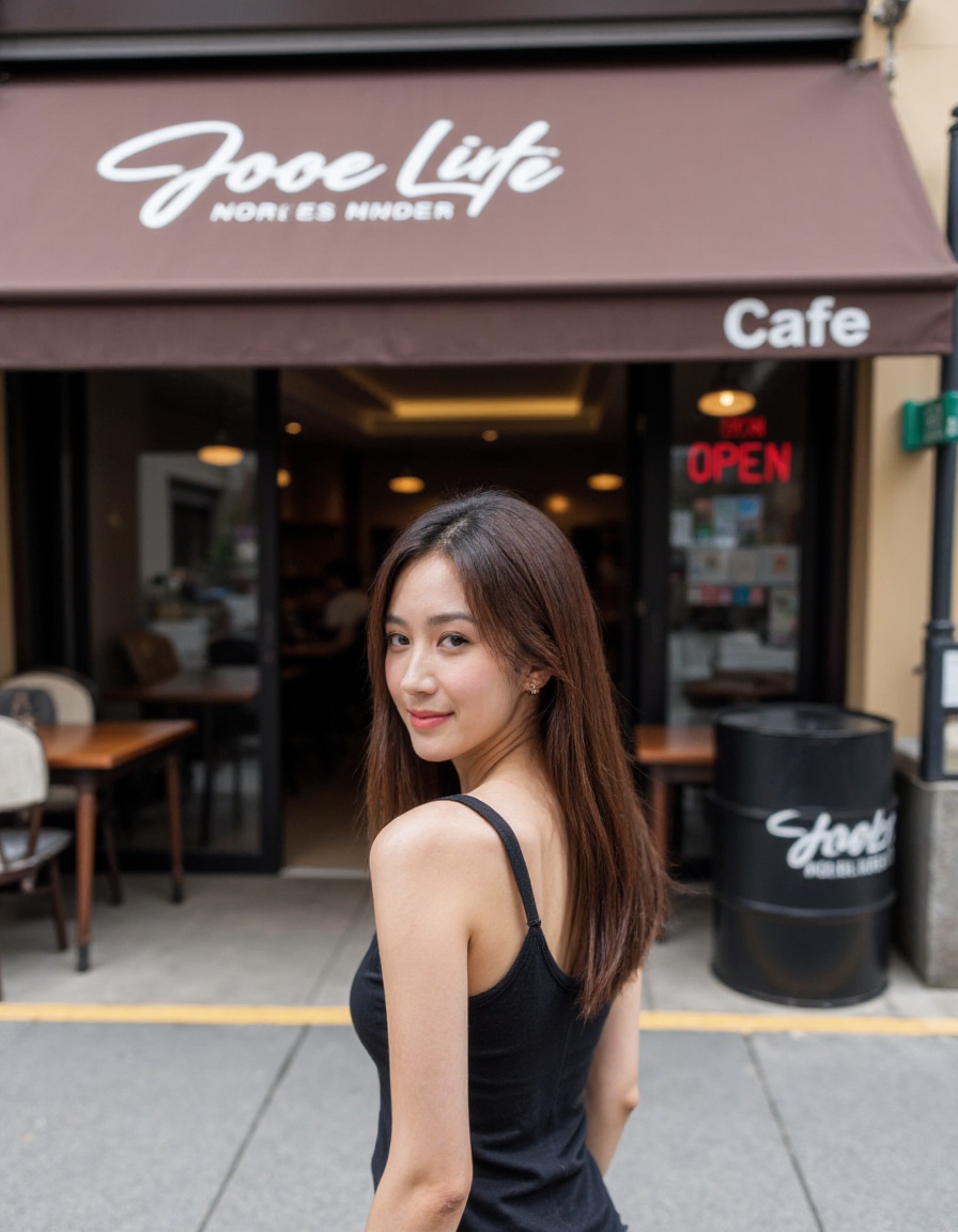 The image shows a person standing on a sidewalk in front of a cafe or restaurant entrance. The establishment has a brown awning with white lettering that reads "Food Live" followed by a word that is not fully visible due to the angle of the photo. The person is wearing a sleeveless top and has long,straight hair that falls past their shoulders. They are looking over their shoulder towards the camera with a slight smile on their face. The cafe entrance has a glass door with a red sign that says "OPEN" in white letters. On the right side of the door,there is a green sign with white lettering that is not clearly legible. The sidewalk is paved with grey tiles,and there is a yellow line painted on the ground. In the background,there are some chairs and a black barrel,and the cafe's interior can be seen through the glass door.,32K UHD,sharp focus,best-quality,masterpiece,unconventional supreme masterpiece,masterful details,depth of field,blurry background,blurry foreground,motion blur,going really fast masterpiece,deep focus,