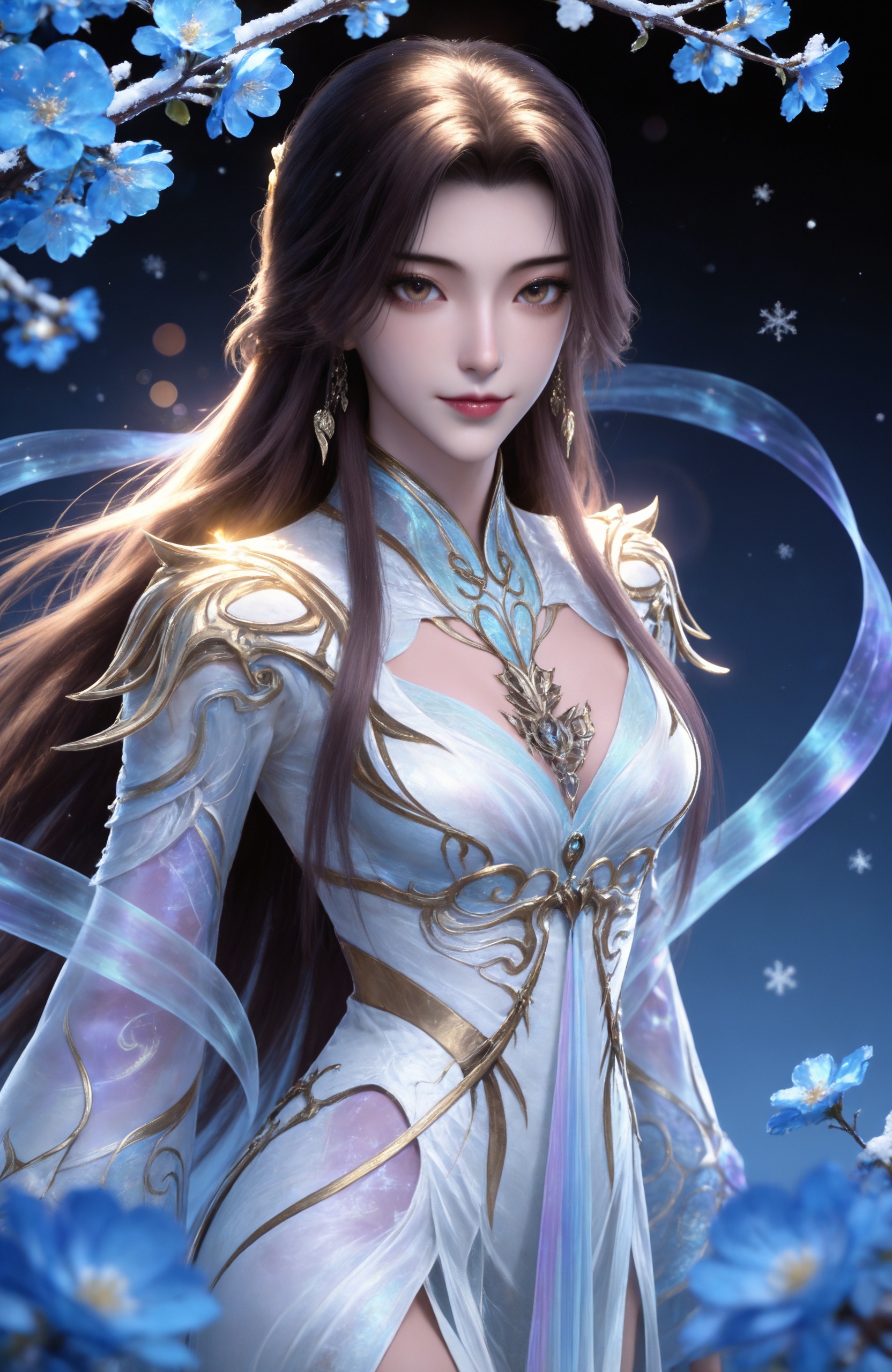 <lora:完美世界-狠人大帝IL:0.8> 1girl, long hair, brown hair, brown eyes, white dress, cleavage cutout, chinese clothes, long sleeves, bare legs,golden sandals, smile, realistic style photo,outstanding style,Use soft lighting to cast gentle shadows on the subject,adding a touch of dimension to your images without compromising details,whirls of vapor,(Anime:1.1),soft neon light,ethereal ambiance,delicate details,magical atmosphere,concept art,highly detailed,ultra-high resolution,32K UHD,sharp focus,best-quality,masterpiece,golden hour,unconventional supreme masterpiece,masterful details,temperate atmosphere,with a high-end texture,in the style of fashion photography,magazine style,Dynamic Angle,Dynamic posture,magazine style,Dynamic Angle,Dynamic posture,(cowboy_shot:1.2),eye trail,depth of field,cinematic lighting,lens flare,close-up,extreme aesthetic,(wlop:0.6),(honjou raita,lack,rella,wanke:0.5),masterpiece,best quality,good quality,newest,year 2025,very aesthetic,absurdres,Visual impact,A shot with tension,ultra-high resolution,32K UHD,sharp focus,best-quality,masterpiece,Emotionalization,unconventional supreme masterpiece,masterful details,temperate atmosphere,with a high-end texture,in the style of fashion photography,(Visual impact:1.2),giving the poster a dynamic and visually striking appearance,, solo,upper body,looking at viewer,gradient background,gradient,blue background,black background,, solo,  upper body, blue flower, looking at viewer, snowflakes, closed mouth, branch,