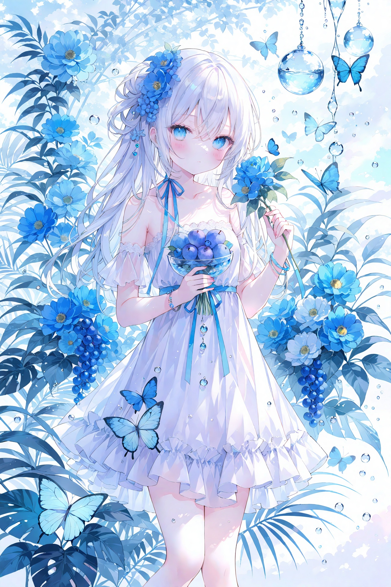 masterpiece,best quality,high quality,(colorful),Artist onineko,1girl,loli,flower,solo,hair ornament,dress,bug,butterfly,blue eyes,hair flower,long hair,holding,looking at viewer,blue flower,white dress,blue butterfly,bare shoulders,food,fruit,hair between eyes,strapless dress,strapless,jewelry,collarbone,white hair,blush,ribbon,standing,plant,closed mouth,bracelet,water drop,blue ribbon,leaf,