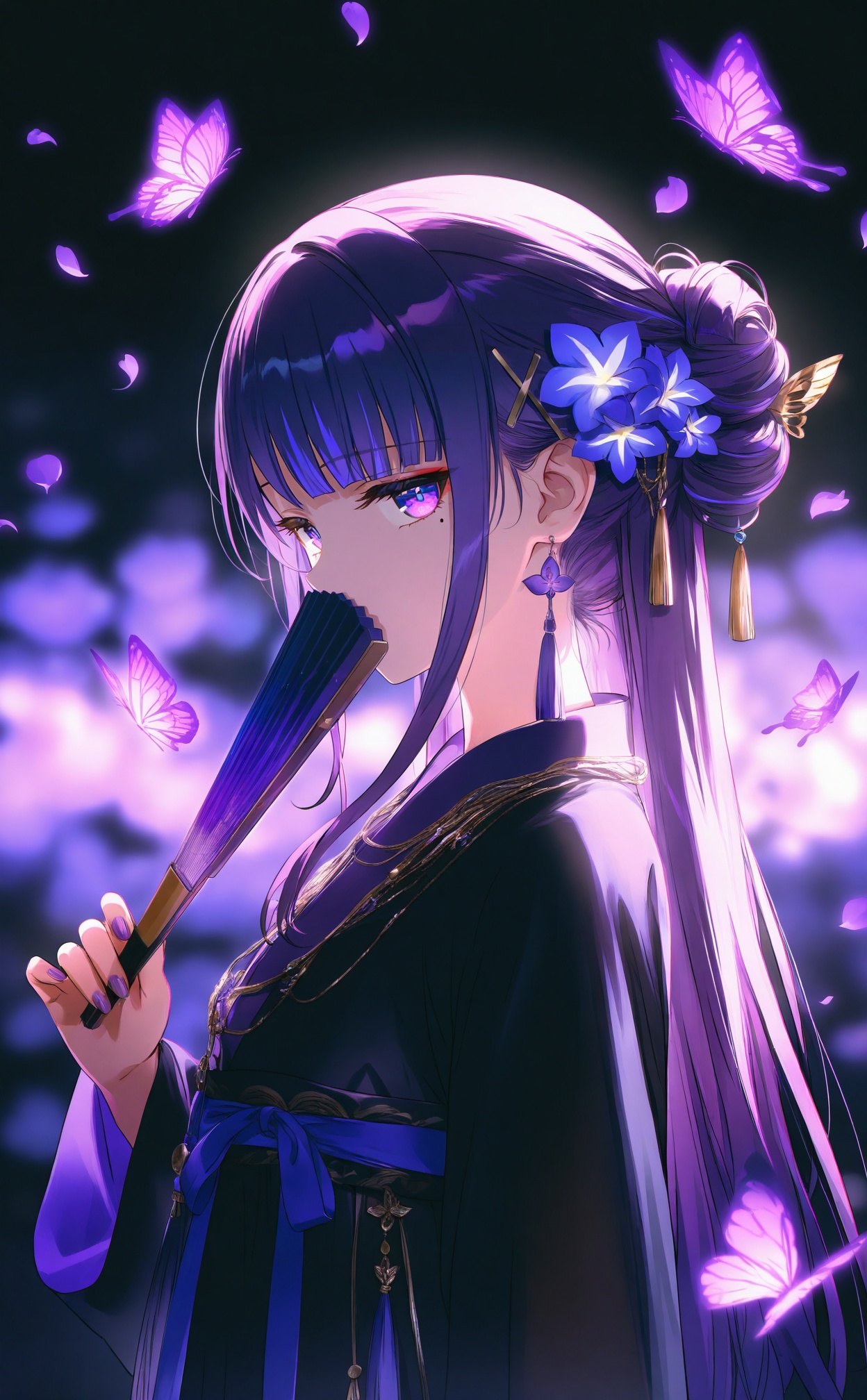 masterpiece,absurdres,best quality,loli,petite,high quality,chromatic_aberration,dark,black theme,//,1girl, purple_nails, hand_fan, jewelry, hair_ornament, folding_fan, solo, holding_fan, raiden_shogun, purple_hair, folded_fan, purple_eyes, holding, earrings, looking_at_viewer, hanfu, butterfly, long_hair, necklace, bug, upper_body, falling_petals, flower, tassel, nail_polish, blunt_bangs, purple_butterfly, chinese_clothes, petals, makeup, mole_under_eye, hair_flower, alternate_costume, blurry, alternate_hairstyle, butterfly_hair_ornament, eyeshadow, tassel_earrings, sideways_glance, blurry_background, tassel_hair_ornament, mole, hairclip, eyeliner, covering_own_mouth, hairpin, from_side, japanese_clothes, hair_bun, dress, purple_flower, looking_to_the_side, sidelocks//,<lora:degrees_25——【CKXL】hans:1>,