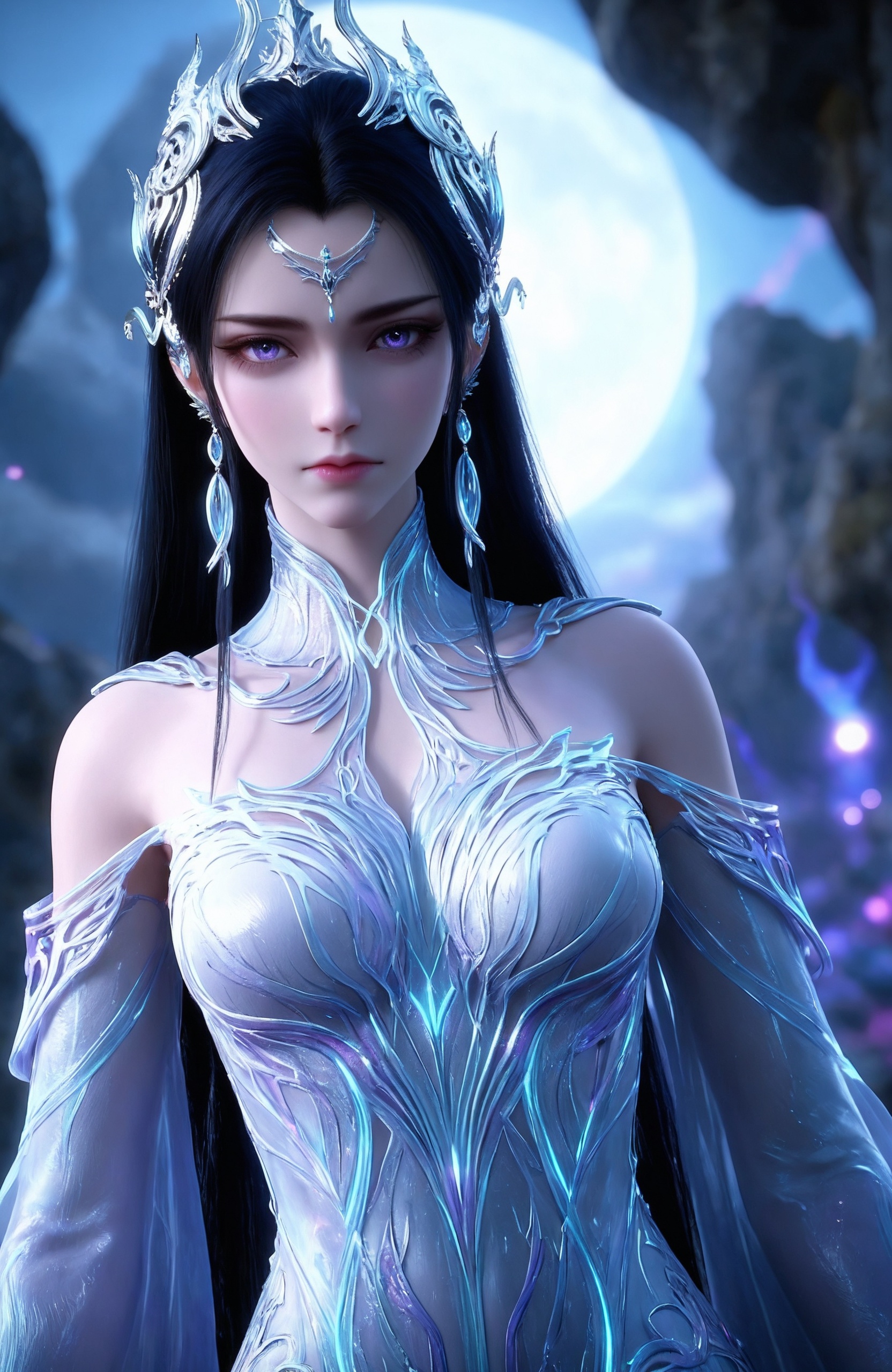 <lora:神国之上-叶婵宫ILL:0.7> 1girl,long, dark hair ,crown-like headpiece,purple eyes,delicate, flowing patterns of pale blue and silver, resembling intricate lacework dress,long sleeves, high, plunging neckline,, realistic style photo,outstanding style,Use soft lighting to cast gentle shadows on the subject,adding a touch of dimension to your images without compromising details,whirls of vapor,(Anime:1.1),soft neon light,ethereal ambiance,delicate details,magical atmosphere,concept art,highly detailed,ultra-high resolution,32K UHD,sharp focus,best-quality,masterpiece,golden hour,unconventional supreme masterpiece,masterful details,temperate atmosphere,with a high-end texture,in the style of fashion photography,magazine style,Dynamic Angle,Dynamic posture,magazine style,Dynamic Angle,Dynamic posture,(cowboy_shot:1.2),eye trail,depth of field,cinematic lighting,lens flare,close-up,extreme aesthetic,(wlop:0.6),(honjou raita,lack,rella,wanke:0.5),masterpiece,best quality,good quality,newest,year 2025,very aesthetic,absurdres,Visual impact,A shot with tension,ultra-high resolution,32K UHD,sharp focus,best-quality,masterpiece,Emotionalization,unconventional supreme masterpiece,masterful details,temperate atmosphere,with a high-end texture,in the style of fashion photography,(Visual impact:1.2),giving the poster a dynamic and visually striking appearance,, realistic style,white background,upper body,looking at viewer,dynamic posture,