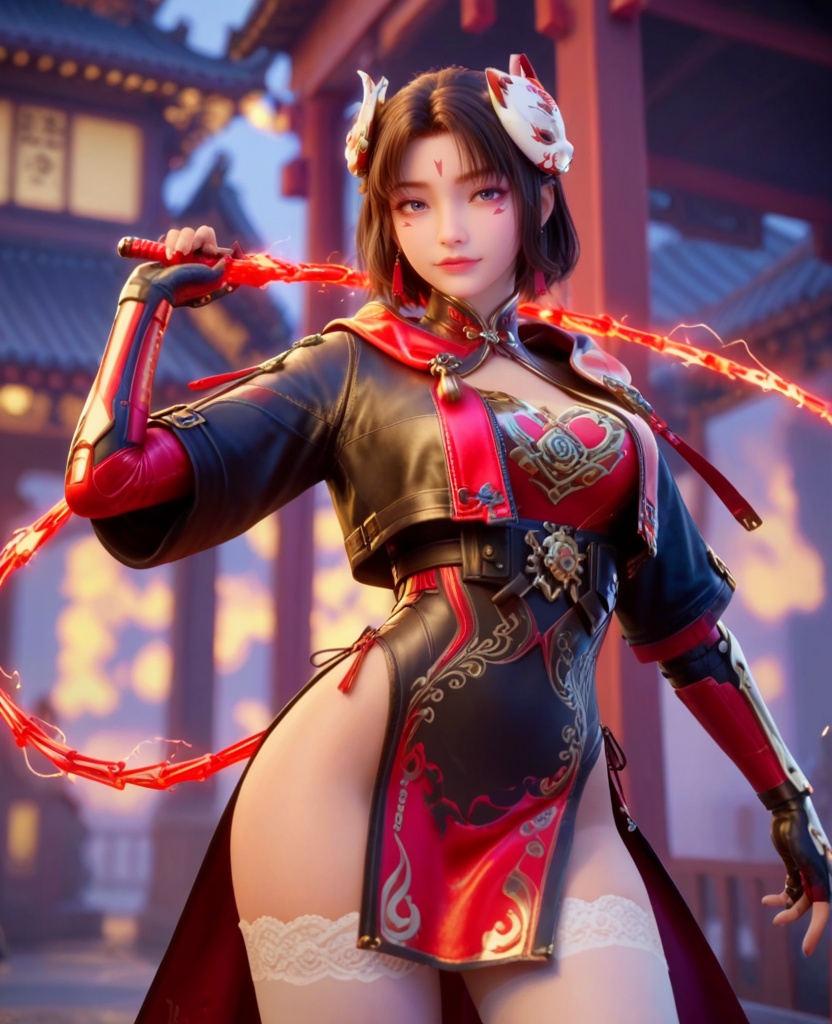 (oriental architecture, elegant decor, sophisticated style:1.1),(leaning back against a wall:1.1),(breasts:1.2),<lora:XL穿越火线蝉:0.95>,miss chan,cropped jacket,red corset,facial mark,blue eyes,brown hair,short hair,fox bun cover,fingerless gloves,red pelvic curtain,white thighhighs,black shorts,fire whip,mask on head,, score_9,score_8_up,score_7_up,score_6_up,score_5_up,score_4_up,3d rendering,tag1,tag2, Cinematic Lighting,backlighting,, zPDXL3, zPDXL2,zPDXL, zPDXLxxx, zPDXLrl,