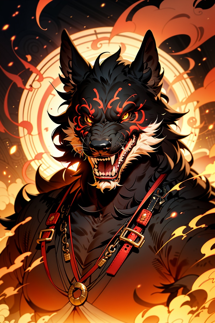 dog,male focus,solo,furry male,embers,furry,open mouth,animal ears,fire,fangs,teeth,looking at viewer,upper body,black fur,claws,muscular,muscular male,sharp teeth,zodiac,Dark,masterpiece,best,<lora:暗黑十二生肖_Zodiac:0.8>,