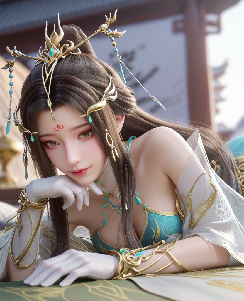 (oriental architecture, elegant decor, sophisticated style:1.1),(Spread-eagled on a bed, lying,:1.1),(Close-up:1.1),(large breasts:1.2),<lora:XL16云深不知梦云望舒少宗主服:0.95>,miss yunwangshu,white gown with tulle skirt,shawl,brown eyes,forehead mark,very long hair,traditional chinese updo with long front strands,hair ornament,jewelry,blue bandeau,white gloves,, score_9,score_8_up,score_7_up,score_6_up,score_5_up,score_4_up,3d rendering,tag1,tag2, Cinematic Lighting,backlighting,