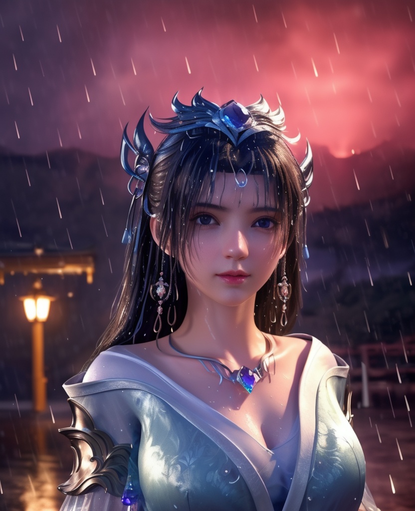 <lora:568-DA-星辰变-姜妍:0.8>(,1girl, ,best quality, ),looking at viewer, ,ultra detailed 8k cg, ultra detailed background,  ultra realistic 8k cg,          cinematic lighting, cinematic bloom, (( , )),,  , unreal, science fiction,  luxury, jewelry, diamond, pearl, gem, sapphire, ruby, emerald, intricate detail, delicate pattern, charming, alluring, seductive, erotic, enchanting, hair ornament, necklace, earrings, bracelet, armlet,halo,masterpiece, (( , )),,  ,cherry blossoms,(((, night,night sky,lamppost,  ultra high res, (photorealistic:1.4), raw photo, 1girl, , rain, sweat, ,wet, )))(( , ))   (cleavage), (),