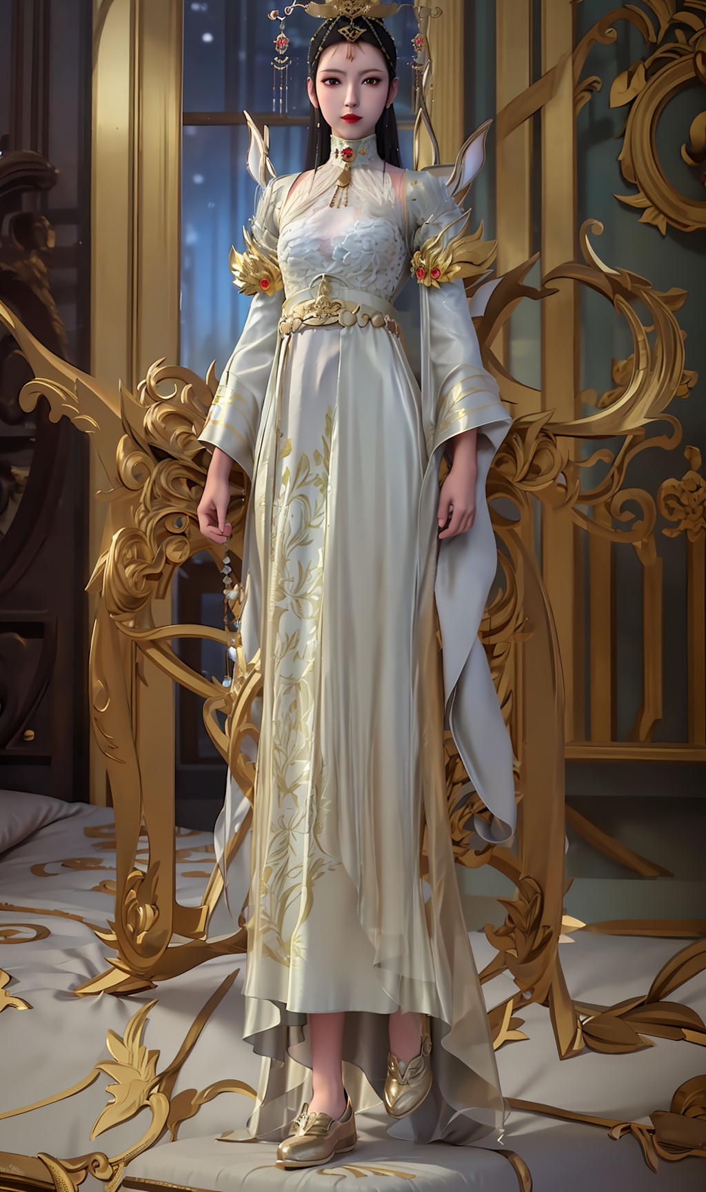3D,masterpiece,(best quality),(makeup),official art, extremely detailed cg 8k wallpaper,((crystalstexture skin)), (extremely delicate and beautiful),(highly detailed),(face),(collar),(gold_trim),((tiara)),(headdress),feather,(facial_mark),(floating),(floating_object),gem,(princess0),(crown),(headpiece),(headdress),(cape),(horned_headwear),(long_sleeves),(1girl), (solo), (jewelry), (earrings),(black_hair),(long_hair),(hair_ornament),(handwear),(breasts),(standing),((full_body,whole_body)),(closed_mouth),(long_skirt),(chinese_clothes),(dress),,(multicolored_clothes),(multicolored_dress),(shiny_clothes),(city,indoor,bed),(robe),((looking_at_viewer)),((Facing the camera)),(shoes), (cloth_shoes),(flat_shoes), , <lora:hipoly3DModelLora_v10:0.3>