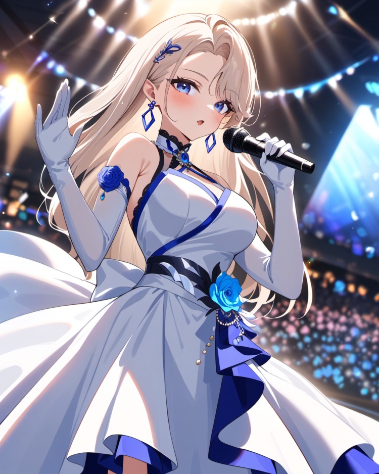 ray tracing,highres absurdres,masterpiece,bestquality,higher quality,best quality,blush,aesthetic,very aesthetic,best quality,hight quality,hight,vision,newest BREAK <lora:nailin-asoul-a3a:0.6>,1girl,solo,white long dress,blue earrings,holding microphone,white gloves,flower,breasts,looking at viewer,white elbow gloves,