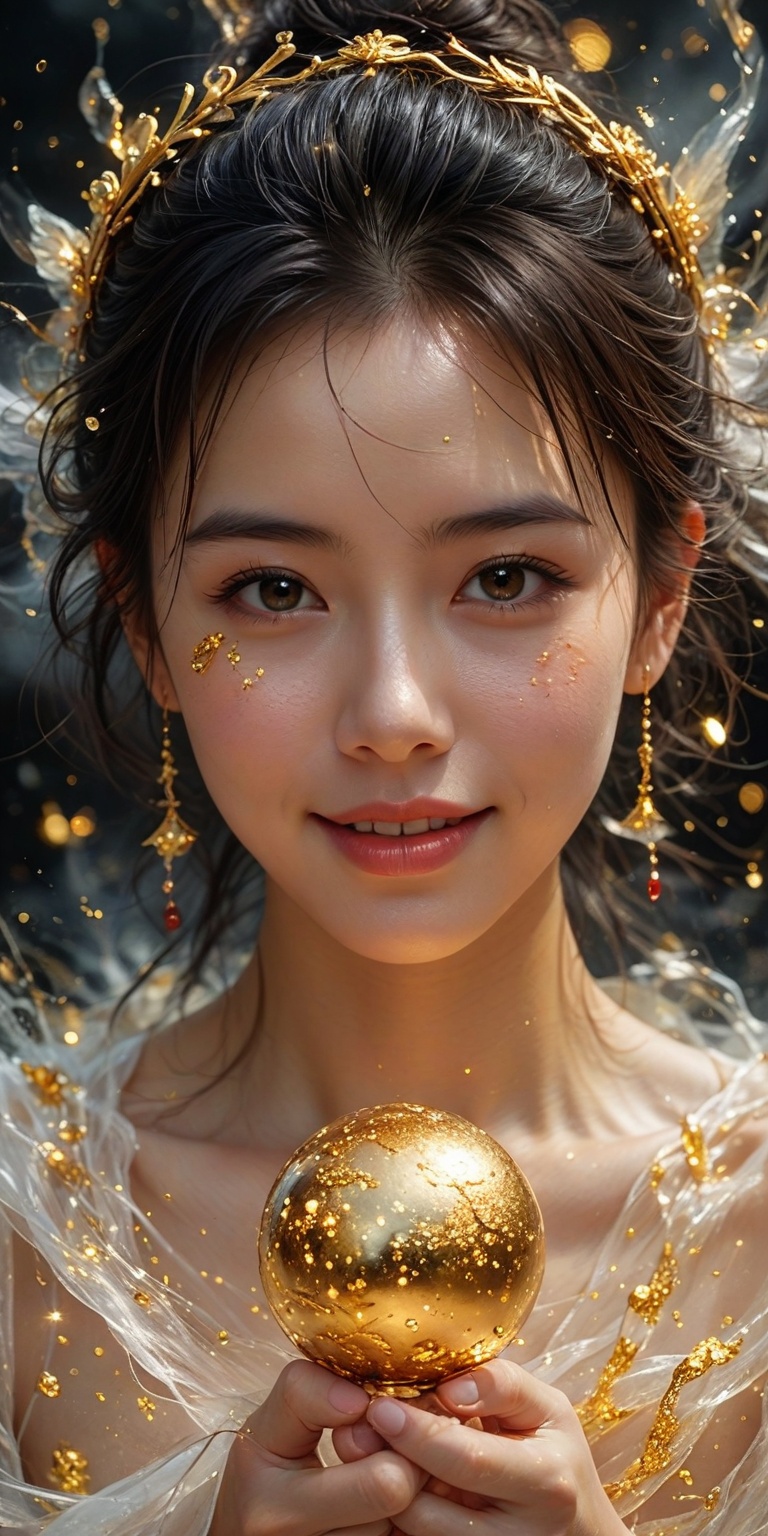 (close up portrait of 1girl, smile and eyes look down),solo,holding magic ball in hand,Black and gold watercolor,cloud,super wide angle,chinese,masterpiece,best shadow,Splash ink,high contrast,best illumination,cinematic light,chinese mythology,colorful,hyper detail,dramatic light,intricate details,dynamic angle,ink splatter,swirling black light around the character,black light particles,crack,depth of field,best quality,