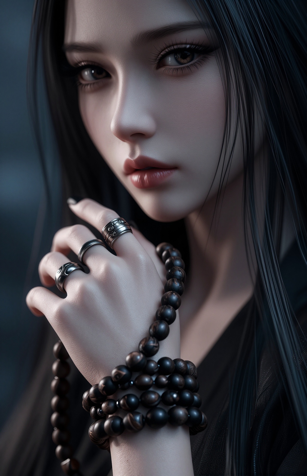娜美，轮廓暗黑风写真，东亚女性，乌黑长发，精致眼妆（纤长睫毛），黑手戴多串带雕刻配饰的深色木质佛珠手串，搭配黑色美甲与金属戒指，身着黑色系服饰，画面聚焦面部与手部，质感细腻，神秘氛围感拉满。镜头美学，电影质感，高级感，大师级作品，以特写镜头捕捉细节，展现电影级治愈系的朦胧美学高级感，高级感，获奖作品，8K超高清画质，8K细腻真人皮肤纹理，精致细腻，细节丰富，冷色调，镜头美学，电影质感，高级感，完美品质，大师级作品，35mm1.4f拍摄。
