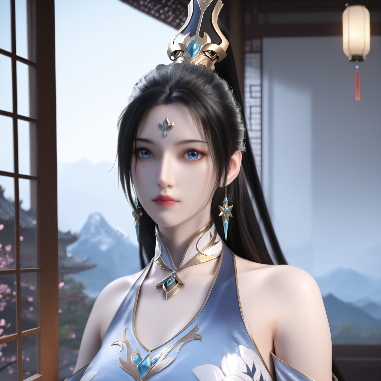 Ji_ningshuang,1girl,blue eyes,jewelry,earrings,long hair,black hair,looking at viewer,bare shoulders,hair ornament,facial mark,forehead mark,very long hair,high ponytail,earrings,<lora:Ji_ningshuang_10_illu-000004:0.75>,dress,detached sleeves,blue dress,high heels,boots,clothing cutout,wide sleeves,photorealistic,hyperrealistic,<lora:realistic filter [IL]:1>,(pale skin:1.1),standing,(upper body:1.5),close up,head shot,lantern,open window,looking at viewer,indoors,mountains,blossoms,flowers,east asian architecture,beautiful sunrise,warm ambient temperature,