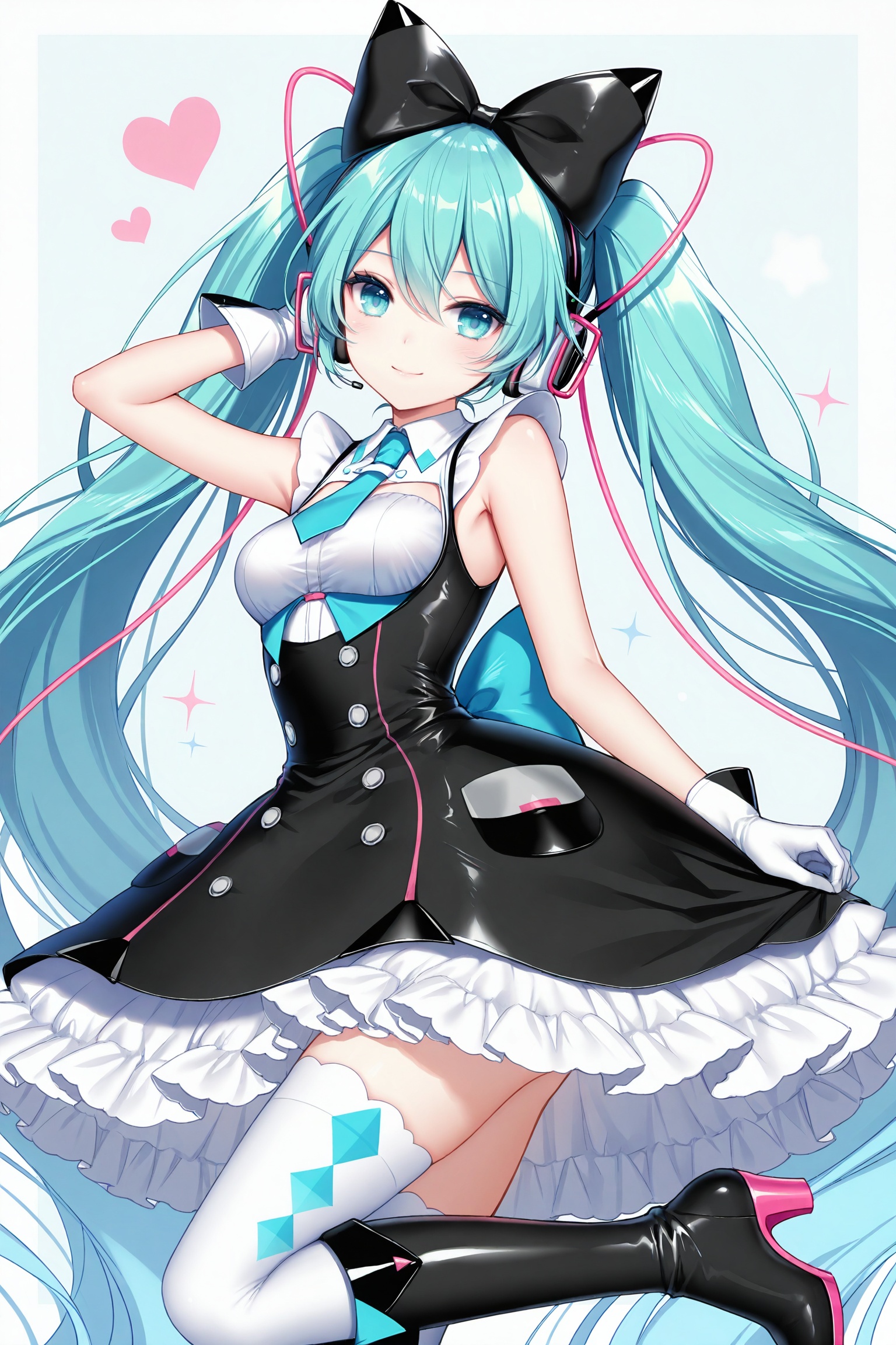 masterpiece,best quality,newest,absurdres,highres,soft shadows,photorealistic,(bison cangshu:0.5),(hiten \(hitenkei\):0.4),(rimuu:0.5),(mignon:0.5),(sheya:0.6),<lora:MMM2016XLNAI:1>,magical mirai miku \(2016\), black bow, hair bow, sleeveless dress, frilled dress, black dress, layered dress,  pocket,framed breasts,white thighhighs, high heel boots,