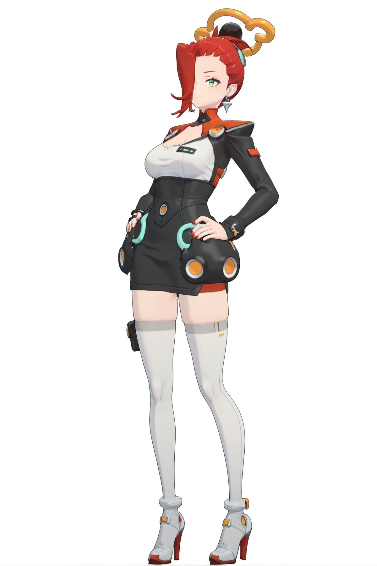 score_9, score_8_up, score_7_up, score_anime, 8k, best quality, masterpiece, (ultra-detailed), (white background:1.2), solo, hands on hip, (full body:1.1), <lora:zzzstyle-pony-Tanger:0.8>, bosha, bosha's def clothes, zzz style, red hair, 1girl, cleavage, white thighhighs, long sleeves, thighhighs, breasts, green eye, earrings, (hair over one eye:1.2), high heels, 