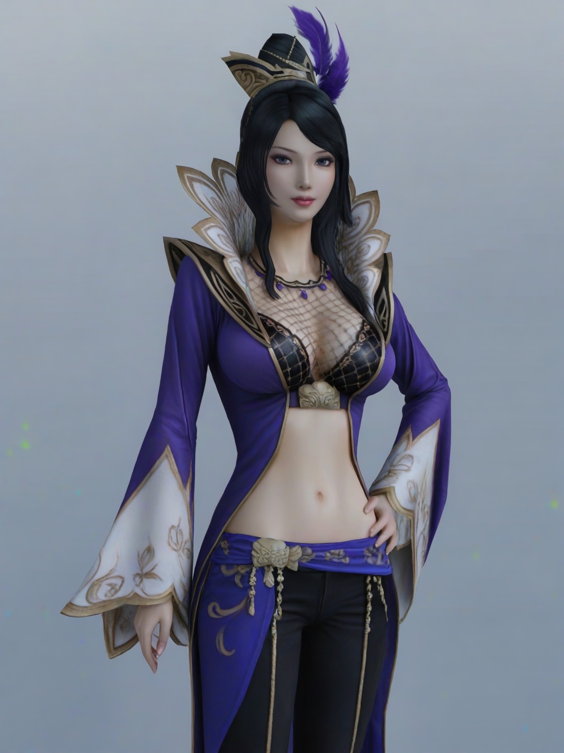 score_9,1girl,solo,long hair,hair ornament,black hair,eyelashes,large breasts,pants,standing,wide sleeves,lipstick,midriff,looking at viewer,white background,simple background,cowboy_shot,<lora:SF_ZhengJi_Pony_Realism2.3-000002:0.7>,