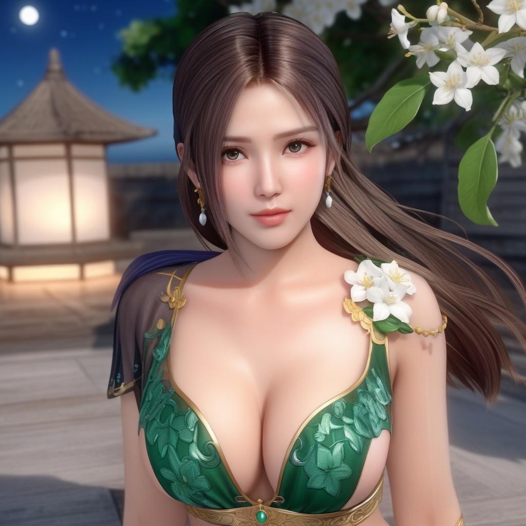 <lora:847-DA-XL-死或生-Elise-BirthdaySuit-20220903:0.8>, (,1girl, ,best quality, ),,  ,,ultra realistic 8k cg, ,masterpiece, (( , )),, realistic,science fiction,mole, ,     ,crescent moon, jasmine \(flower\),     (cleavage),,  (),