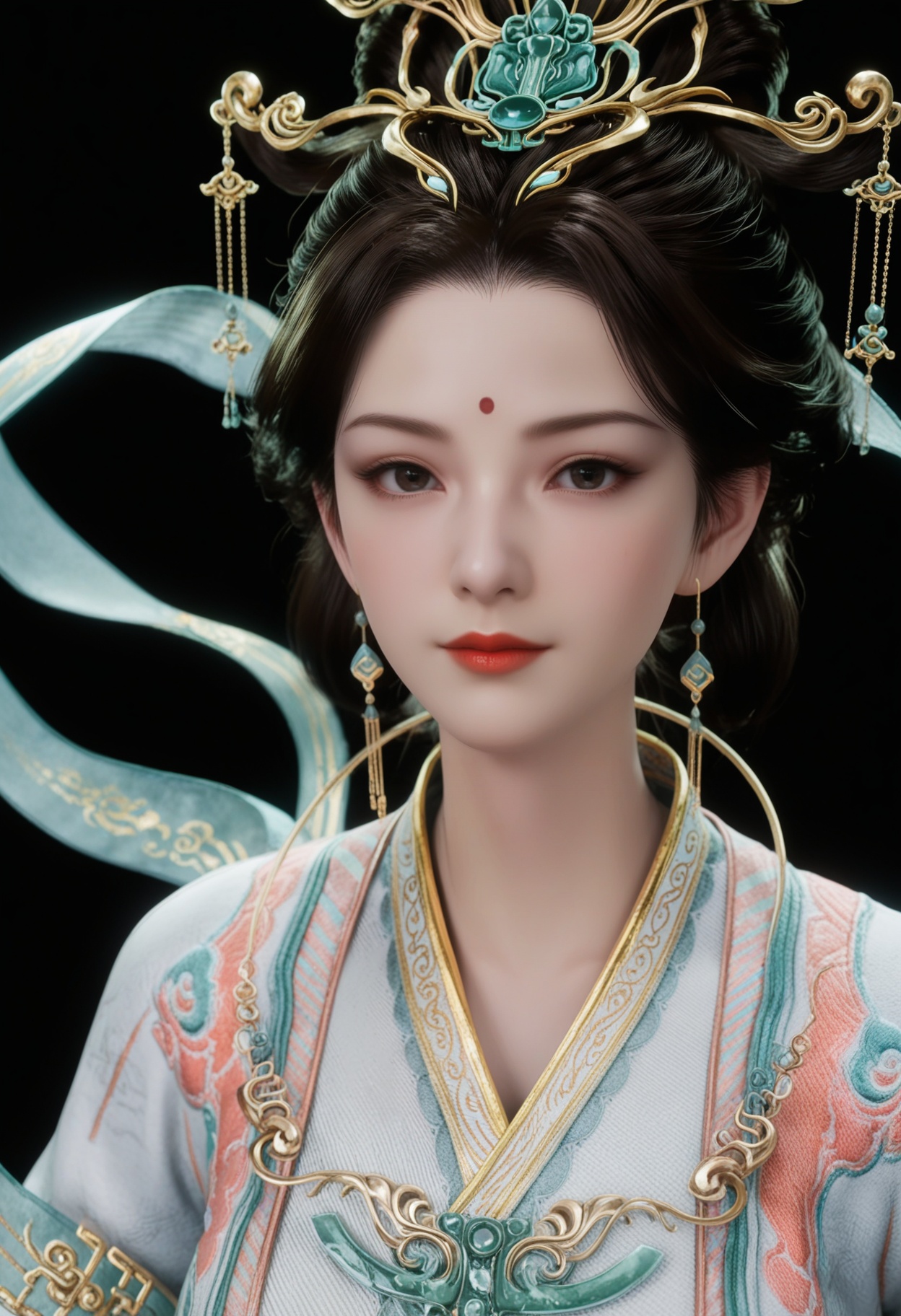 (upper_body:1.2),score_9,score_8_up,masterpiece,(best quality),intricate details,facing viewer,(looking at viewer:1.1),<lora:YQ_pony_xiwangmu_budaibeishi_V5:0.8>,q1528437228,1girl,solo,jewelry,earrings,hair ornament,black hair,chinese clothes,forehead mark,red lips,long sleeves,makeup,dress,hanfu,hair bun,updo,brown hair,black eyes,wide sleeves,brown eyes,hair stick,shawl,necklace,hair rings,forehead jewel,single hair bun,hagoromo,BREAKscore_9,score_8_up,masterpiece,(best quality),perfect anatomy,(hourglass),perfect face,(simple background,pure black background,black background:1.1),fair_skin,shiny_skin,Ivory_skin,