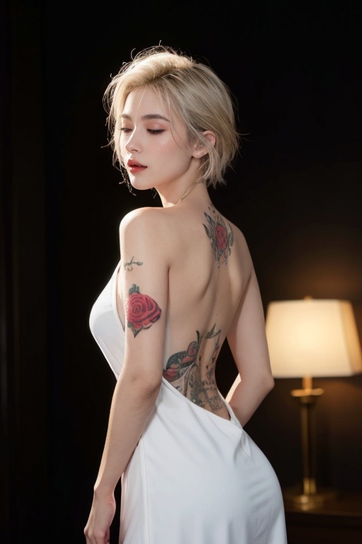 1girl,big breasts,unbuttoned clothes,ultra wide field,ultra dynamic lighting amazing shadows,Deep photo,depth of field,shadows,messy hair,seductive silhouette play,dark,nighttime,dark photo,grainy,dimly lit,shot on RED camera,harsh camera flash ((eyes closed)),white hair,white_marble_glowing_skin,backless_dress,tattoo,Rose,tattoo on the arm is the focus,