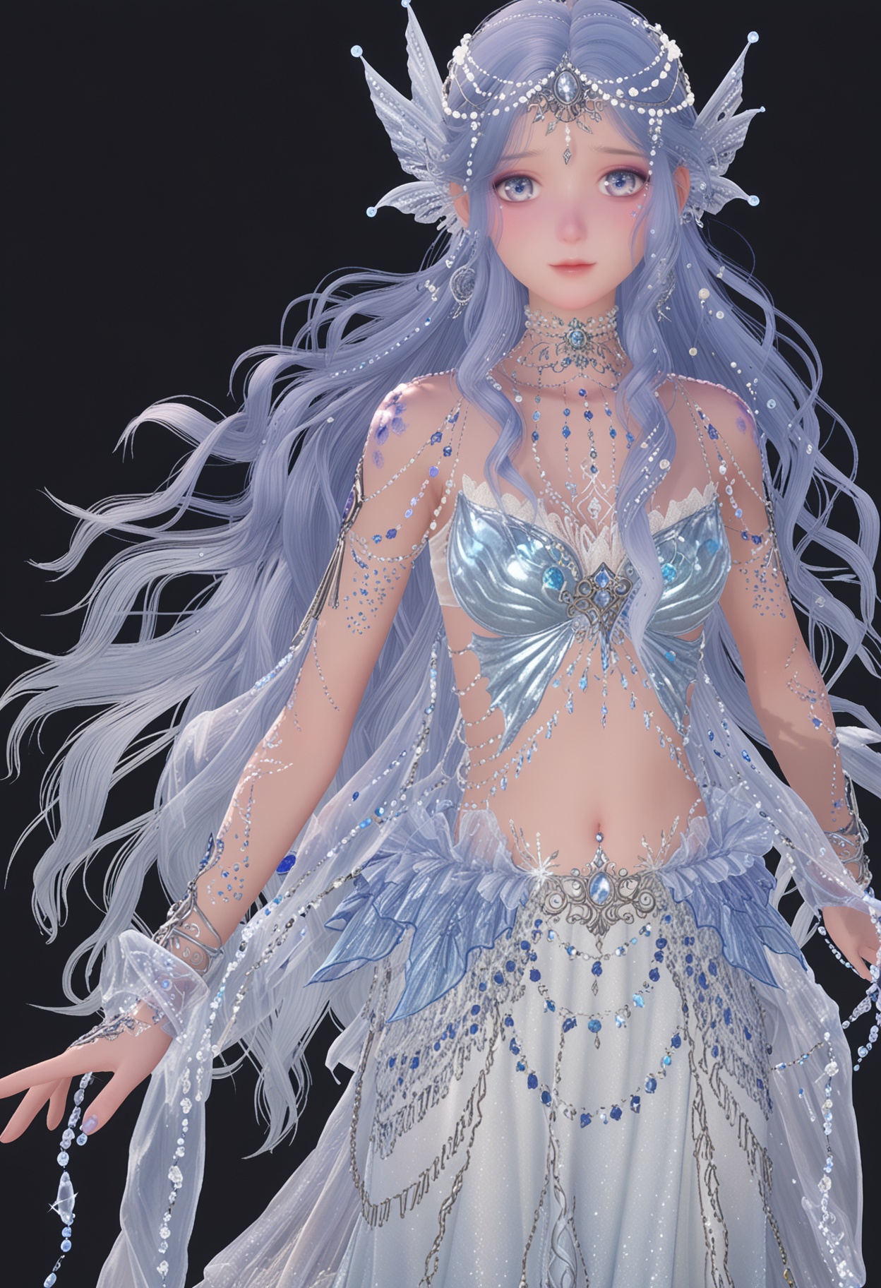 (perfect_anatomy:1.1),(upper_body:1.1),<lora:YQ_pony_nuannuan_ranyulan_V4:0.8>,1girl,q1528437228,solo,jewelry,long hair,gem,hair ornament,blue hair,earrings,necklace,beads,blue eyes,bracelet,bare shoulders,pearl (gemstone),breasts,see-through,dress,blue gemstone,wavy hair,skirt,navel,crescent,grey eyes,midriff,grey hair,fins,armlet,purple hair,head chain,makeup,hair beads,head fins,long skirt,high heels,purple eyes,legs,blue footwear,sparkle,tattoo,braid,(looking_at_viewer:1.1),perfect_anatomy BREAK perfect_anatomy,solo focus,(score_9:1.2),masterpiece,(best quality:1.1),(simple background,pure black background,black background:1.1),perfect_anatomy,