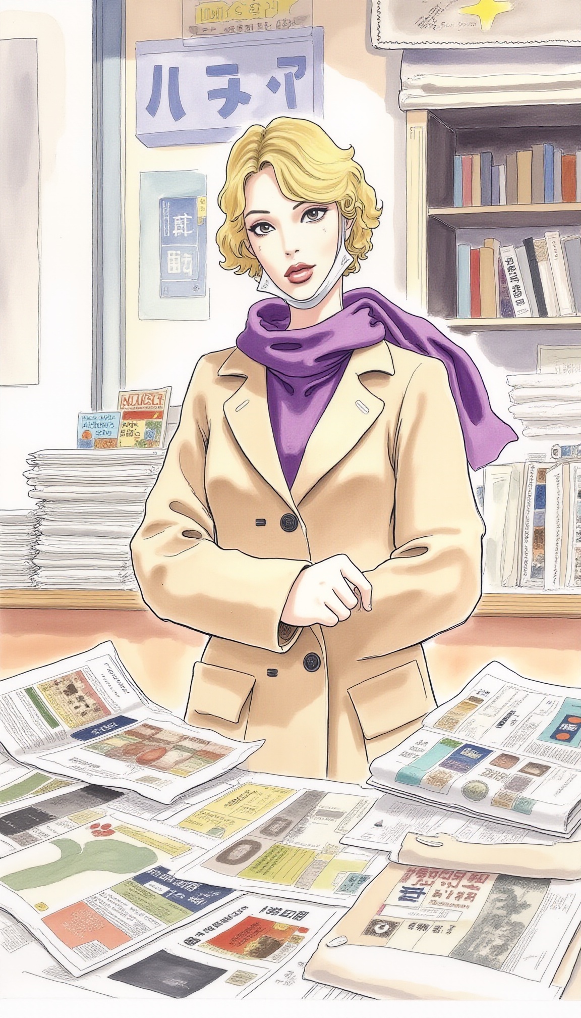 This is a watercolor drawing of a newsstand scene,  rendered in a loose,  expressive style with visible brushstrokes and s...