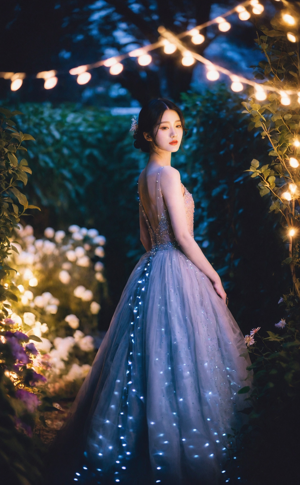 mugglelight, a woman in a ballgown, standing in a moonlit garden with fairy lights, ethereal ambiance, midnight glamour, romantic enchantment.korean girl,black hair,