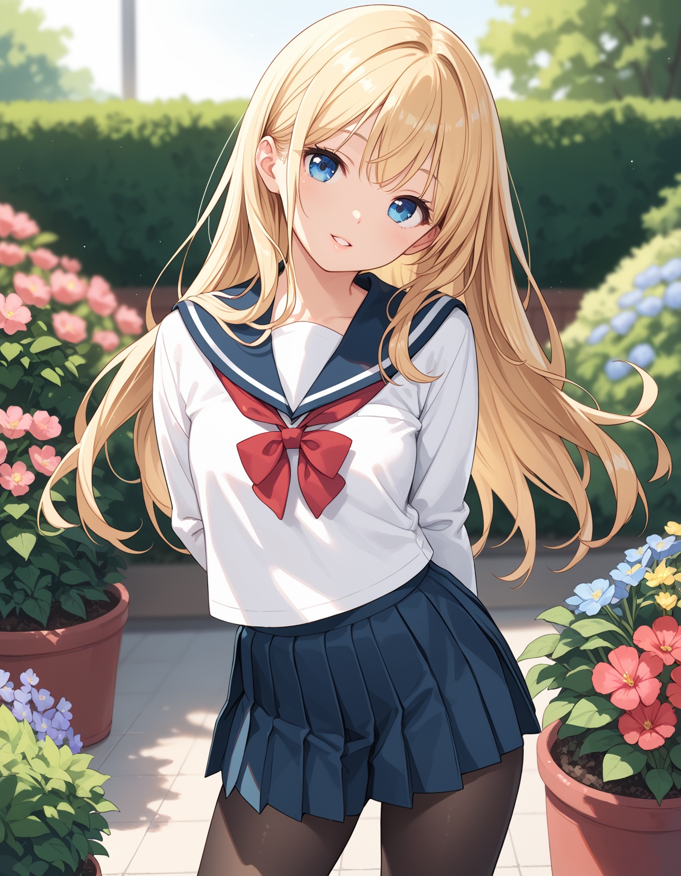 score_9,score_8_up,score_7_up,1girl,long hair,solo,blue eyes,serafuku,hair_flower,blonde hair,long sleeves,pleated,clear eyes,look at viewer,depth of field,black pantyhose,happy,parted lips,red bow,cowboy shot,arms behind back,peace sign,white shirt,garden,legs apart,head tilt,