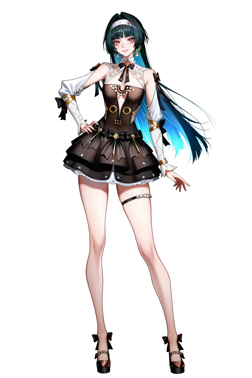 8k,best quality,masterpiece,(ultra-detailed),(high detailed skin),masterpiece,best quality,<lora:wqmt-gnoob-Tanger:0.6>,Path to Nowhere  \(video game\),game CG,cool,colorful,detailed light,light leaks,sunlight,bokeh,blurry foreground,ray tracing,lens flare,cinematic lighting,full body,full shot,standing,looking at viewer,(solo:1.2),simple background,(white background:1.2),hand on own hip,(white background:1.1),<lora:yaojy-noob-Tanger-000014:0.8>,alternate costume, Astra Yao \(zenless zone zero\), clothes: yjy black short dress with white detached sleeves, 1girl, solo, long hair, jewelry, earrings, hairband, thigh strap, bare legs,A full-body portrait of a young girl,standing gracefully,pastel art style,high-key lighting,shoujo manga influence,hd quality,delicate details,