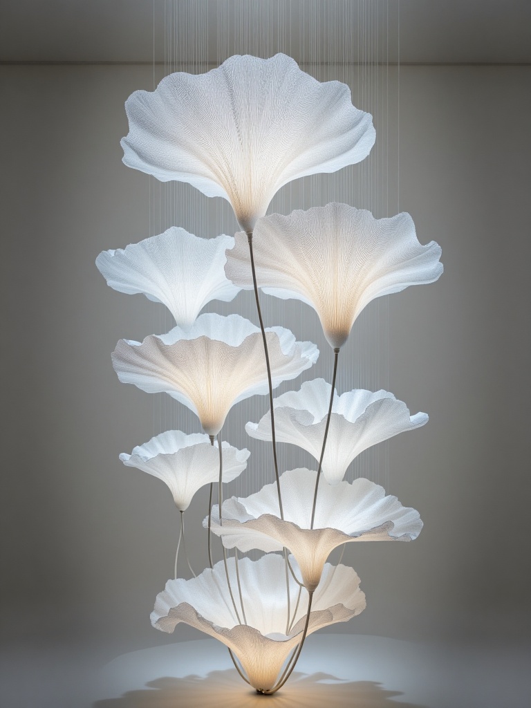 A photograph of a modern, translucent, white paper flower sculpture with delicate, petal-**** layers illuminated by soft, diffused light. The flowers are suspended by thin, black wires against a smooth, gradient gray background, creating a dreamy, ethereal effect. The lighting casts gentle shadows and highlights, enhancing the intricate textures and organic shapes of the flowers. 